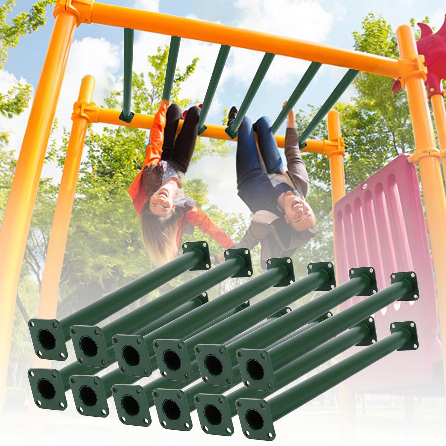 ICokin 16.5-inch Outdoor Monkey Bars – Set of 12, Green Steel Playground Climbing Kit with Mounting Plates