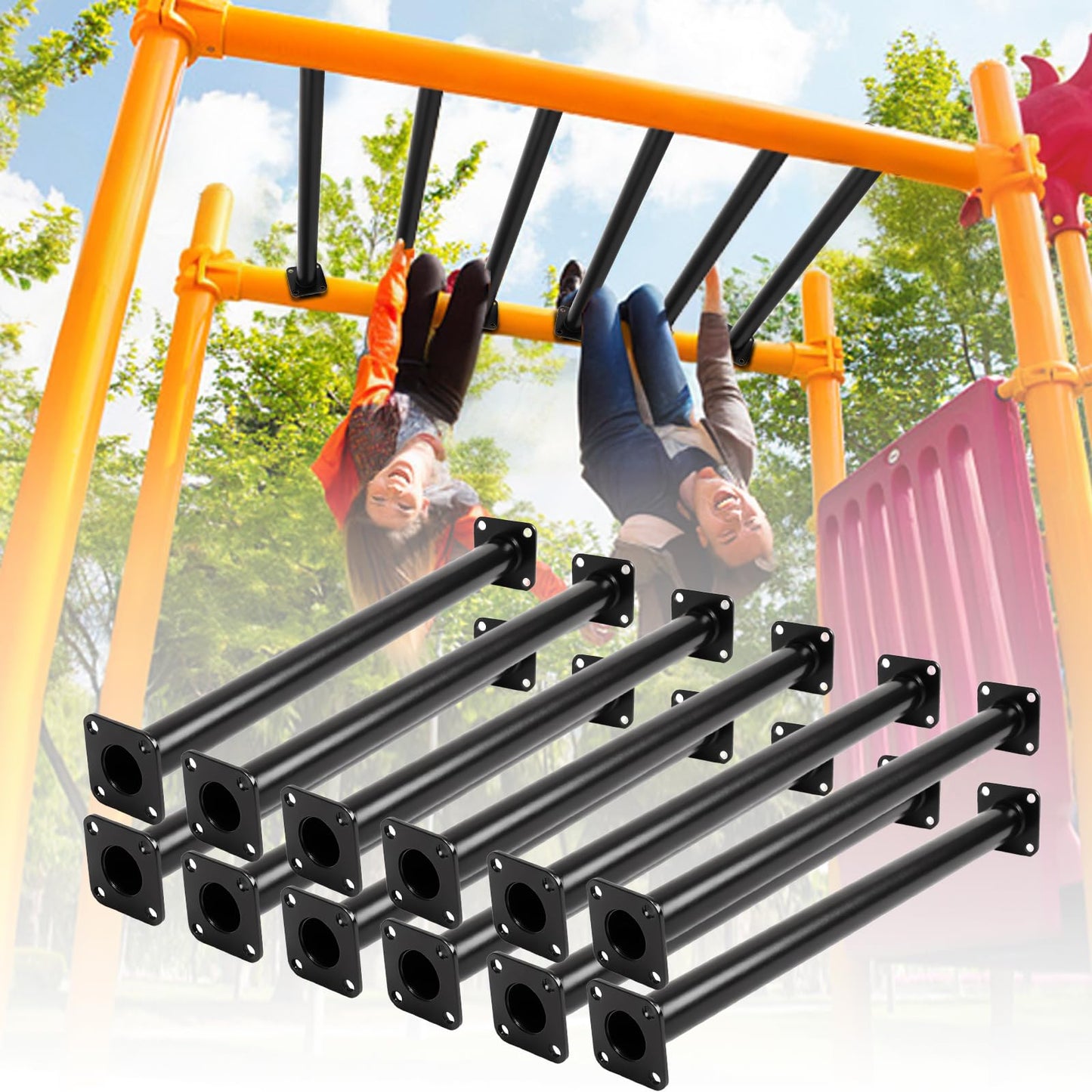 ICokin 16.5-inch Outdoor Monkey Bars – Set of 12, Black Metal, Mounting Plates Included
