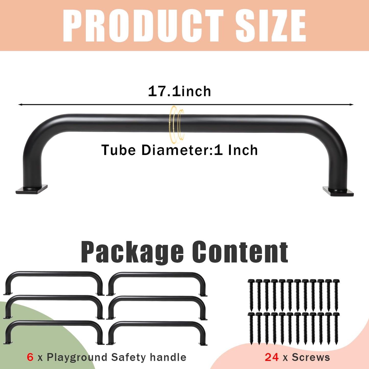 ICokin 6 Pcs Black 17-Inch Metal Playground Safety Handles – Non-Slip Indoor/Outdoor Grab Bars for Kids