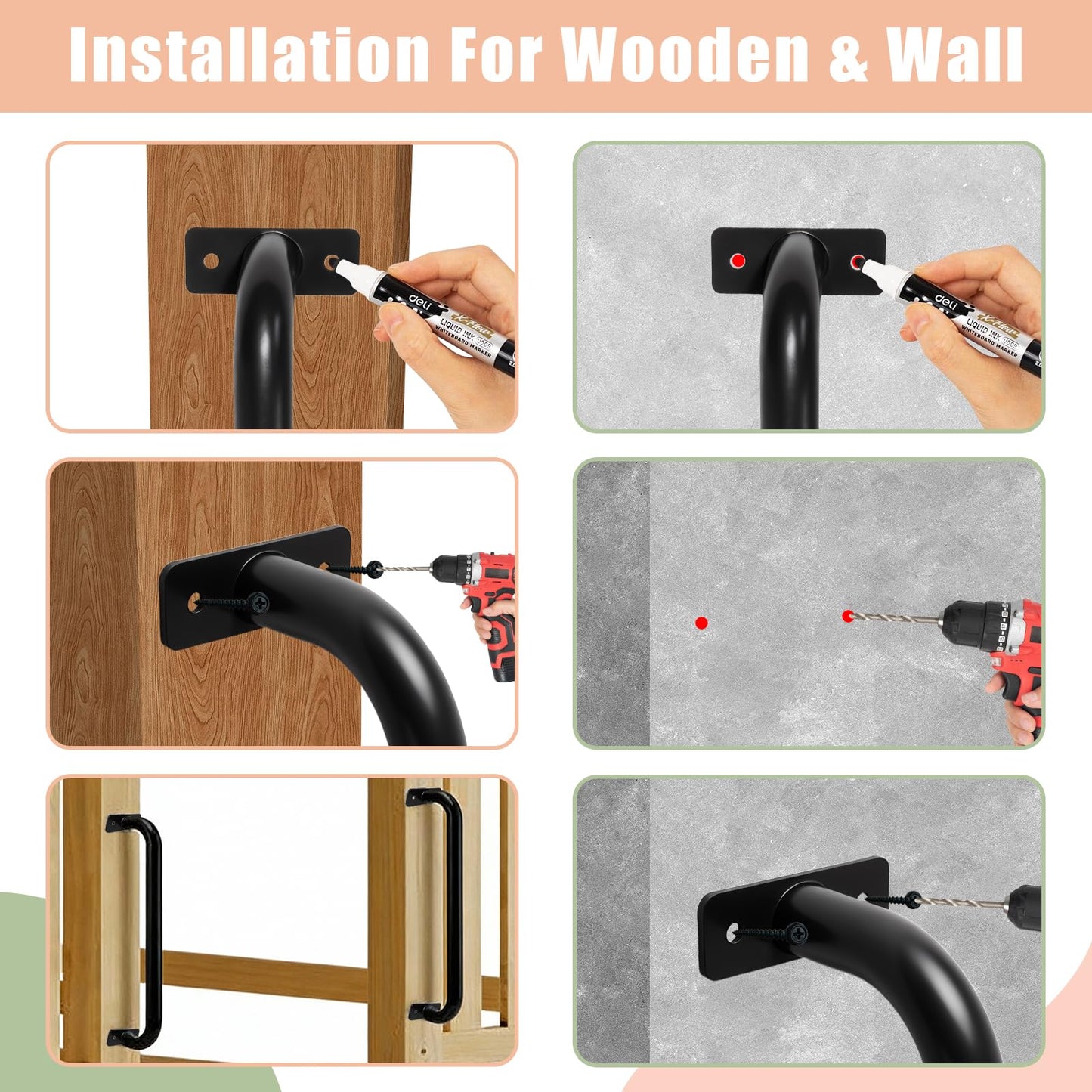 ICokin 6 Pcs Black 17-Inch Metal Playground Safety Handles – Non-Slip Indoor/Outdoor Grab Bars for Kids