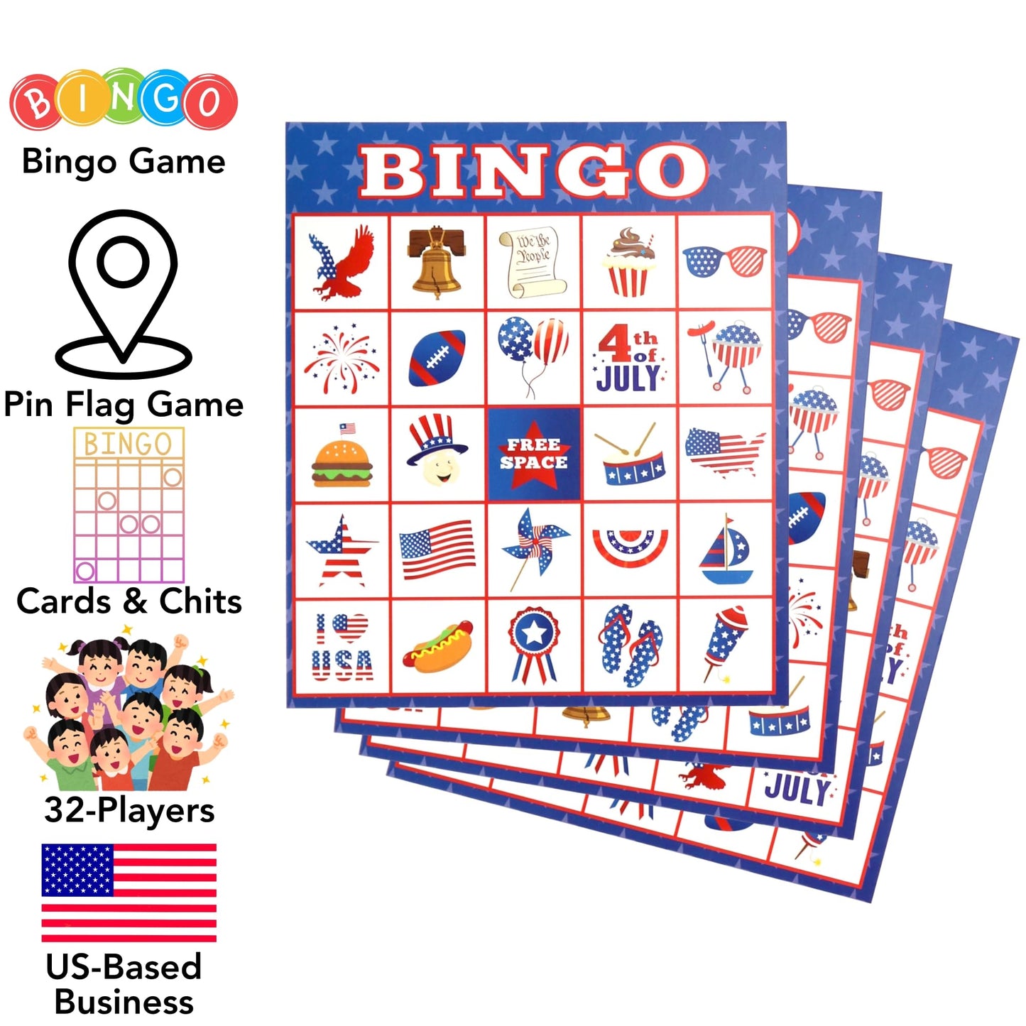 Iconikal 32-Player Patriotic Bingo & Pin the Flag Set | 4th of July Fun