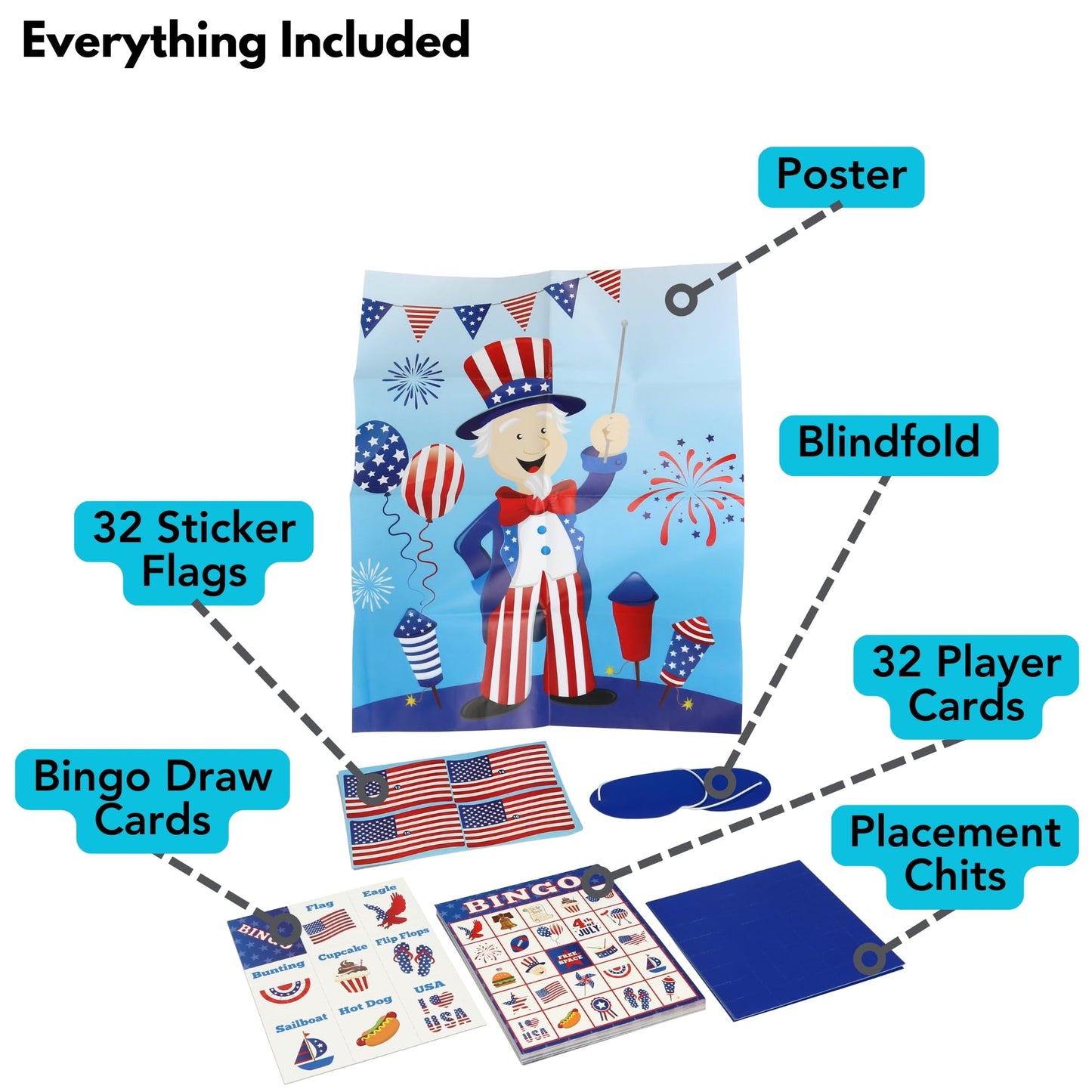 Iconikal 32-Player Patriotic Bingo & Pin the Flag Set | 4th of July Fun