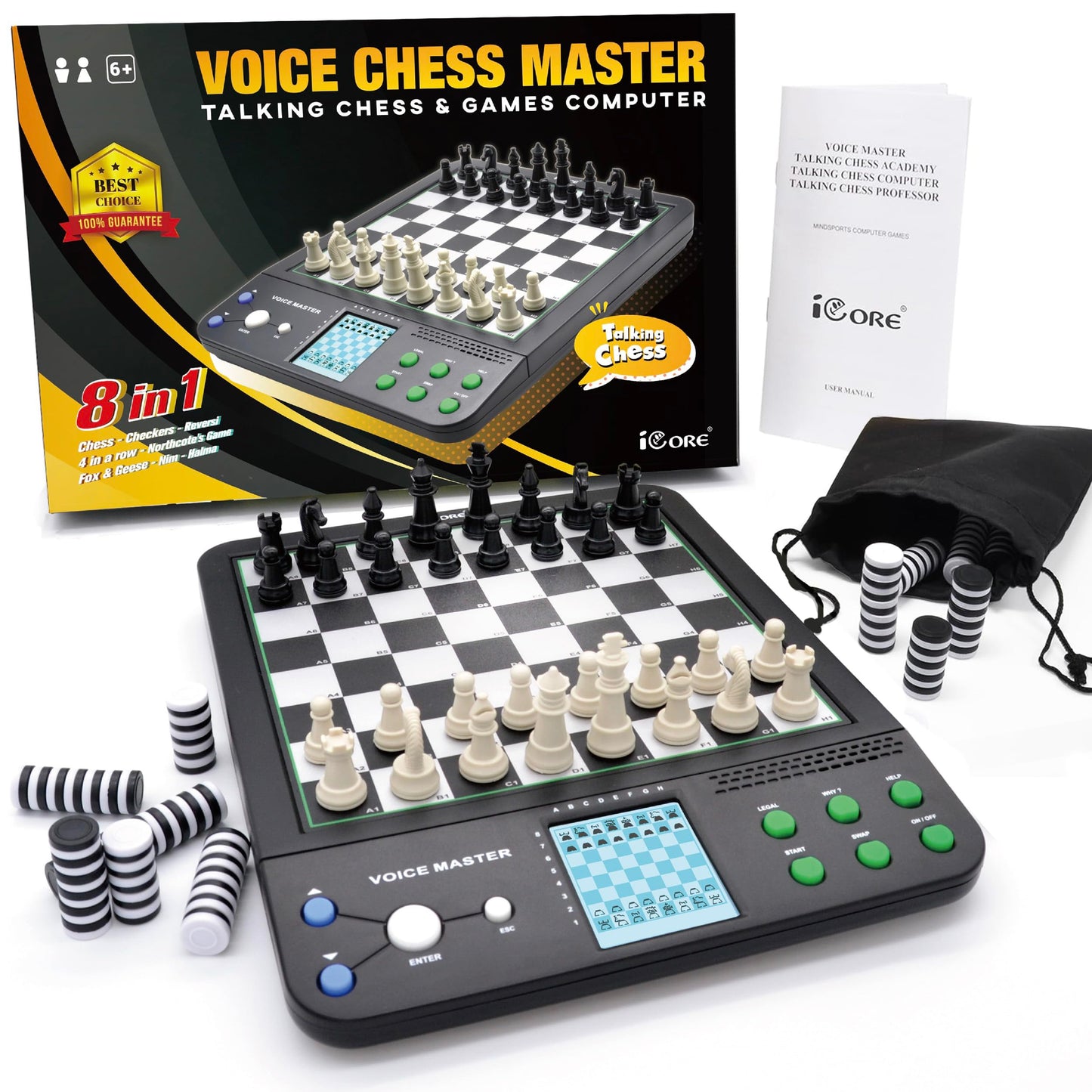 iCore Electronic Chess Set Pro Black – Voice Guide, 30 Levels, 100 Teaching Exercises