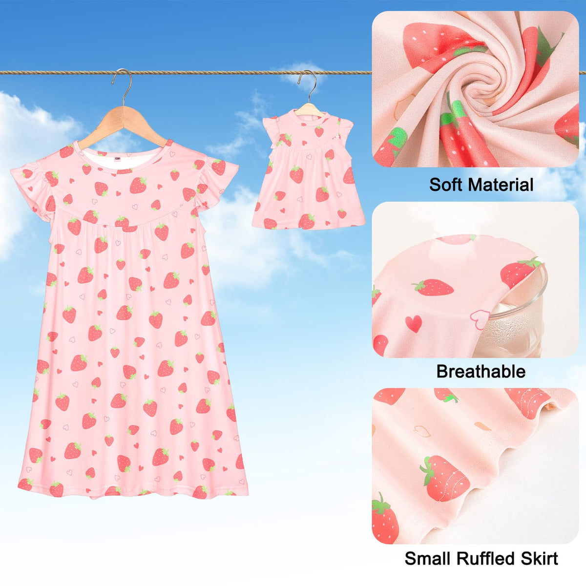 ICOSY Matching Doll & Girls Nightgowns Set – Pink, 18-inch Doll Nightgown Included