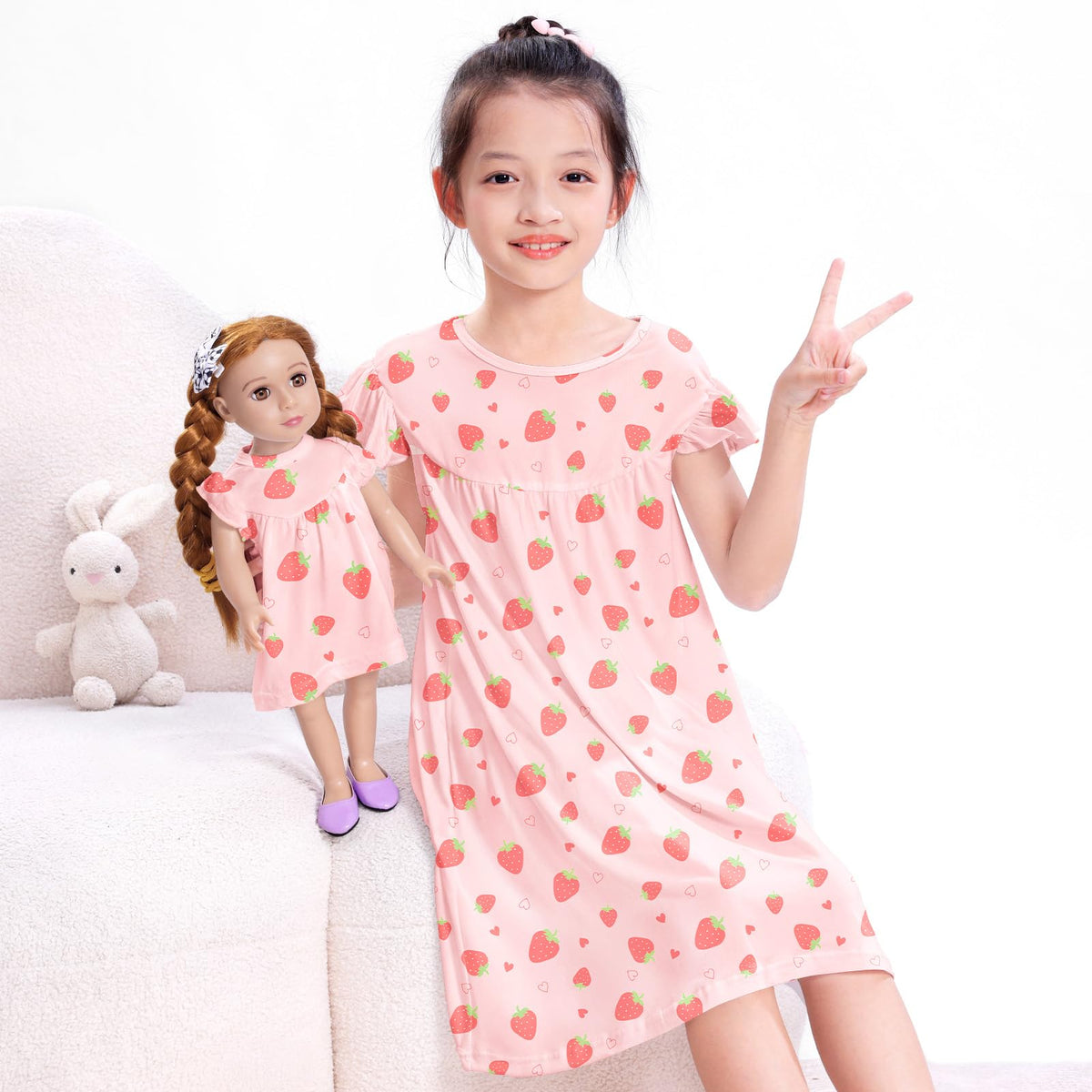 ICOSY Matching Doll & Girls Nightgowns Set – Pink, 18-inch Doll Nightgown Included