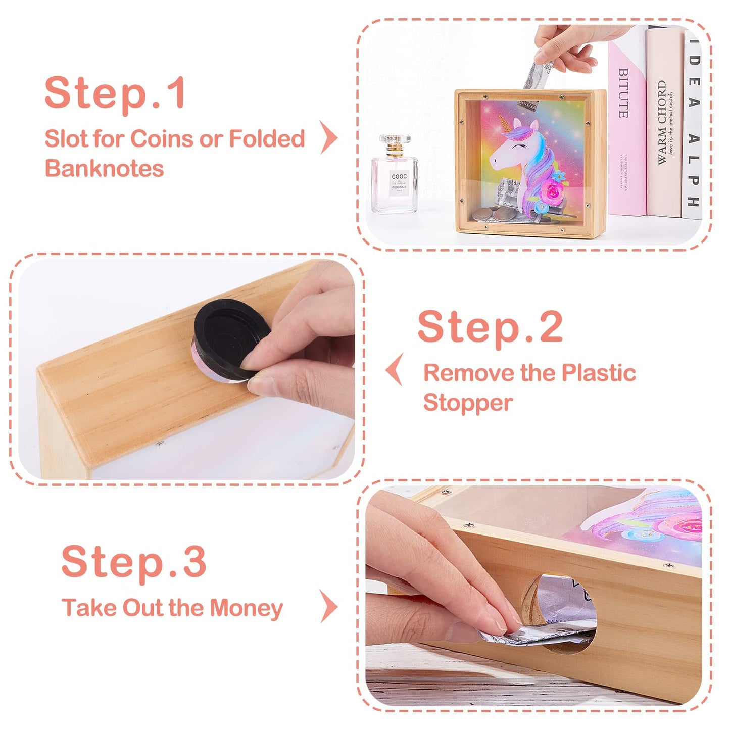 ICOSY Wooden Piggy Bank for Kids – DIY Name Bank with Unicorn & Dinosaur, Letter Stickers