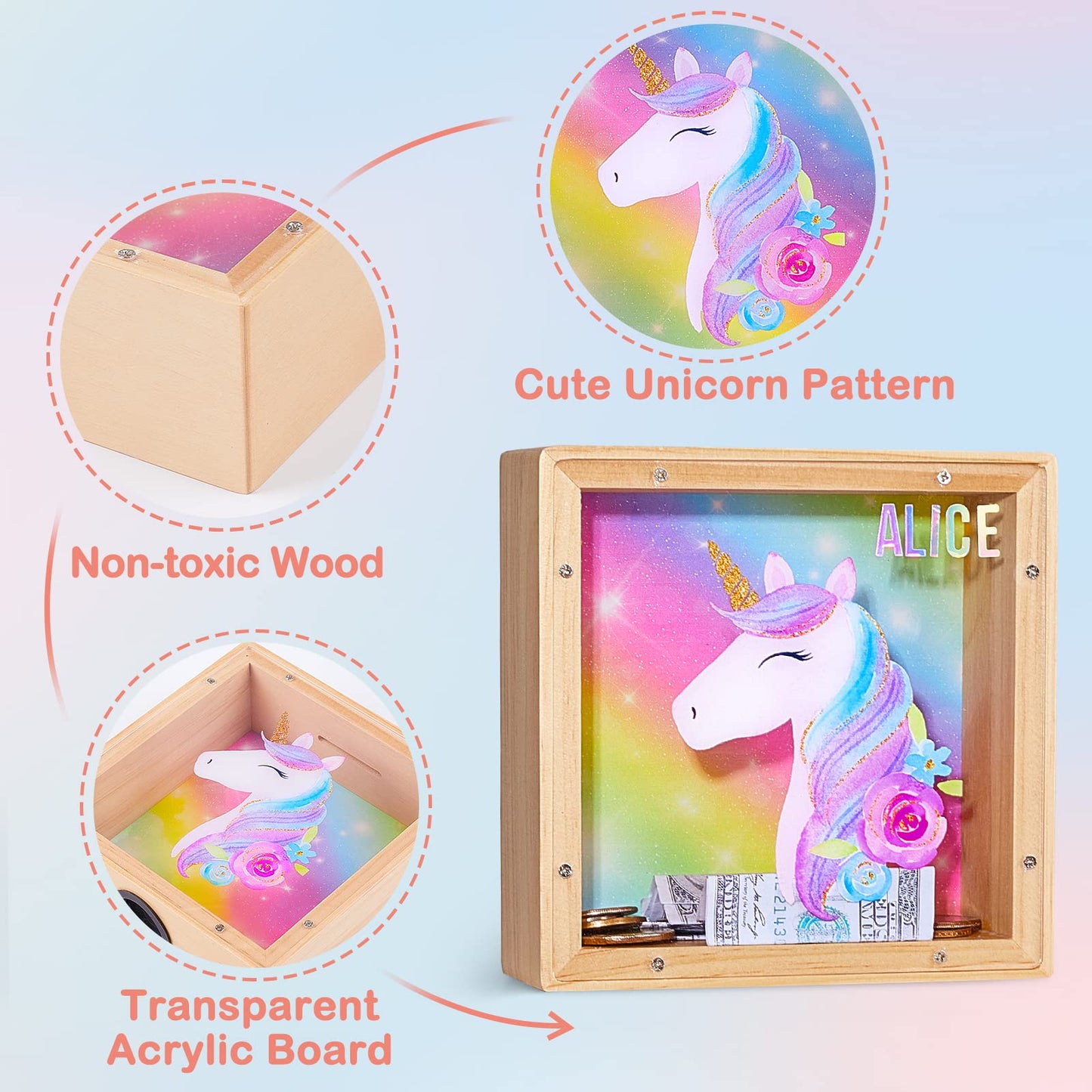 ICOSY Wooden Piggy Bank for Kids – DIY Name Bank with Unicorn & Dinosaur, Letter Stickers