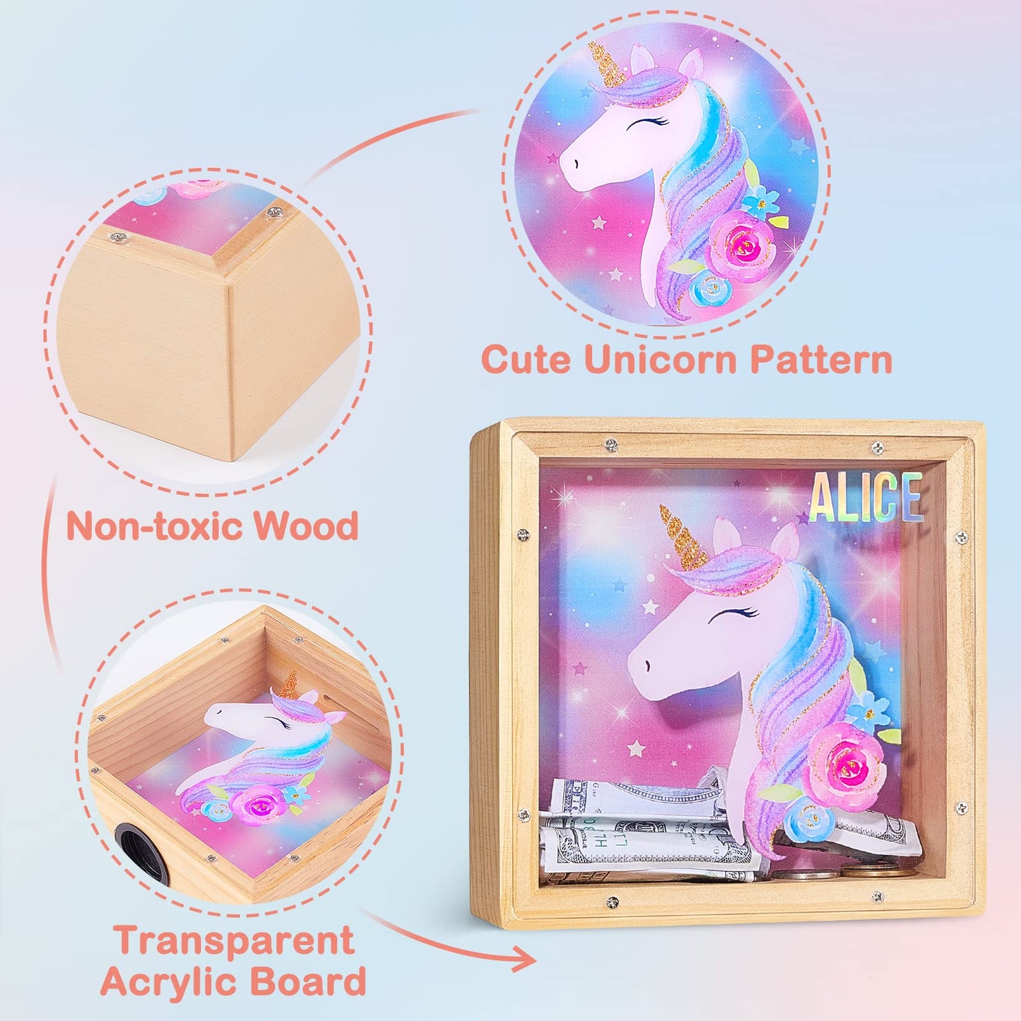 ICOSY Wooden Piggy Bank for Kids – DIY Name Coin Bank with Unicorn & Dinosaur