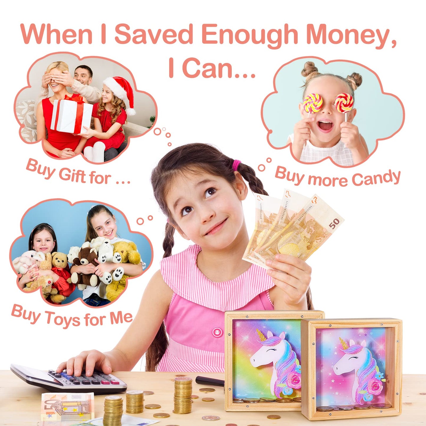 ICOSY Wooden Piggy Bank for Kids – DIY Name Bank with Unicorn & Dinosaur, Letter Stickers