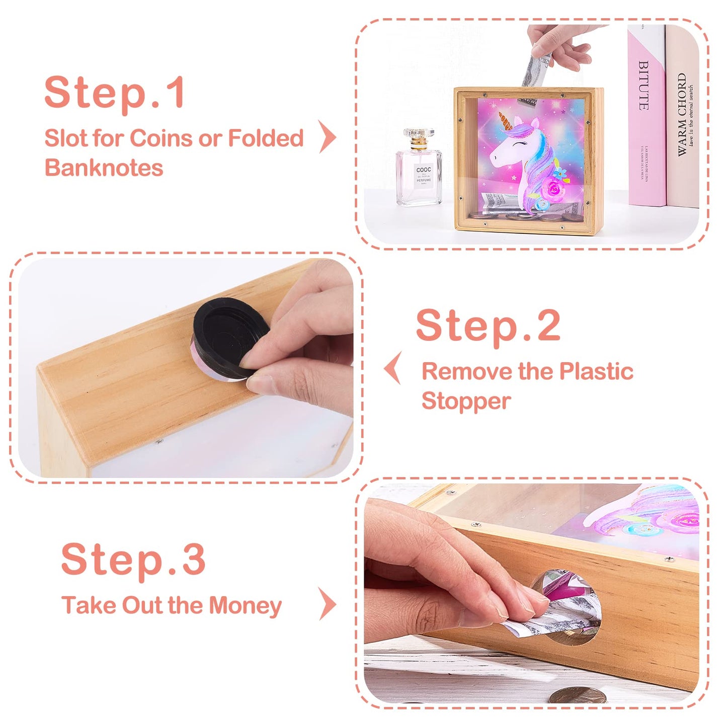 ICOSY Wooden Piggy Bank for Kids – DIY Name Coin Bank with Unicorn & Dinosaur