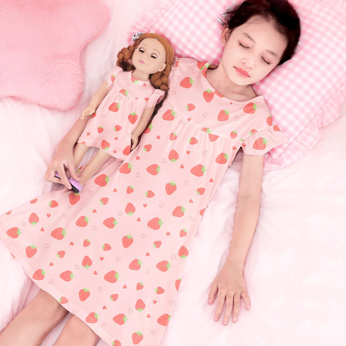 ICOSY Matching Doll & Girls Nightgowns Set – Pink, 18-inch Doll Nightgown Included