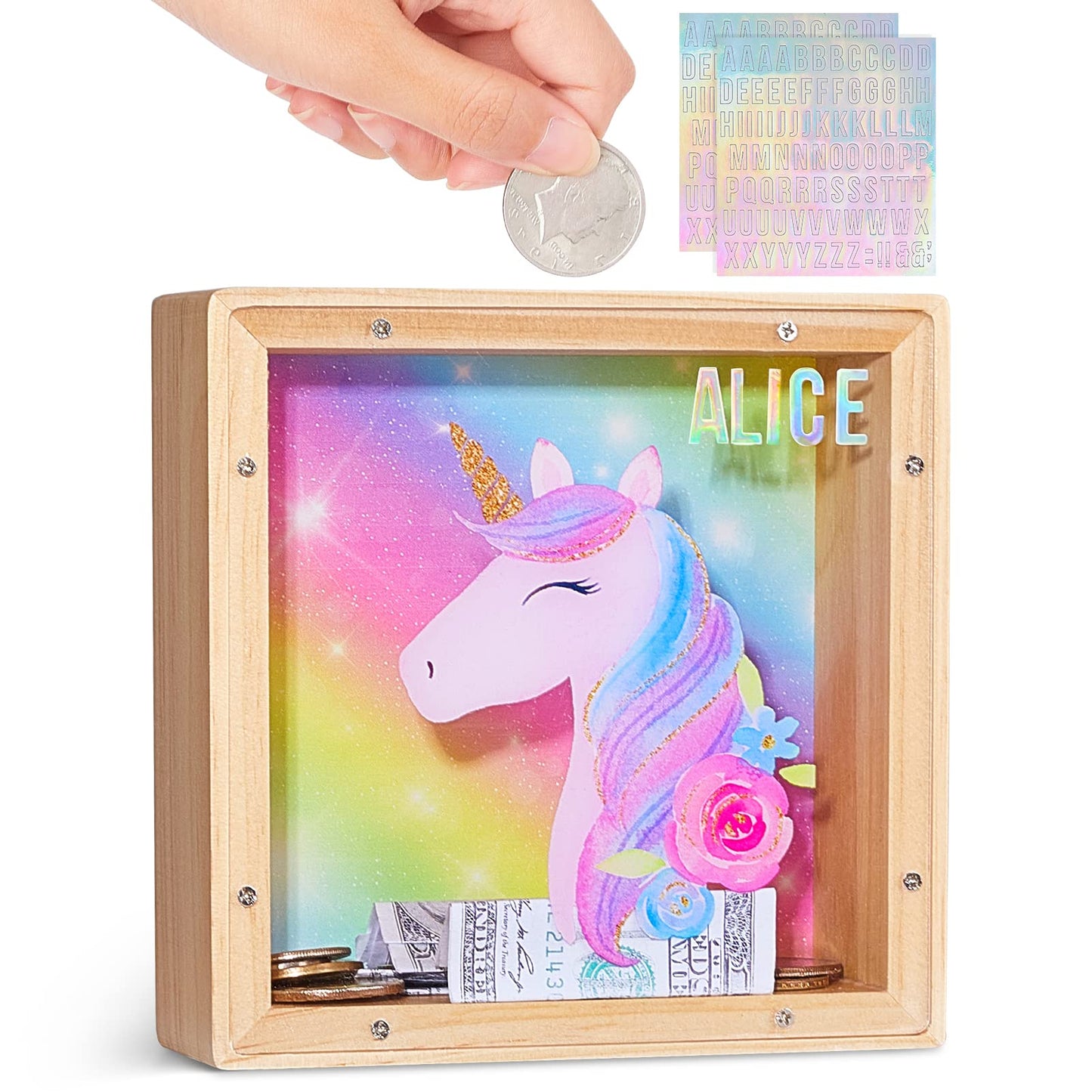 ICOSY Wooden Piggy Bank for Kids – DIY Name Bank with Unicorn & Dinosaur, Letter Stickers
