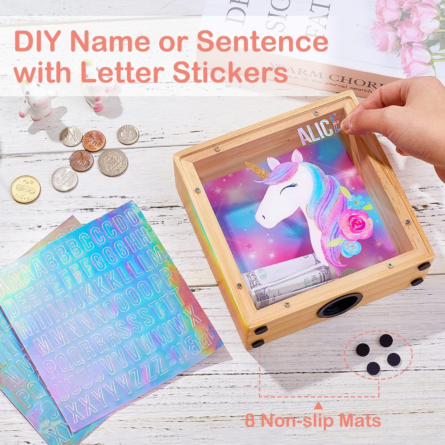 ICOSY Wooden Piggy Bank for Kids – DIY Name Coin Bank with Unicorn & Dinosaur