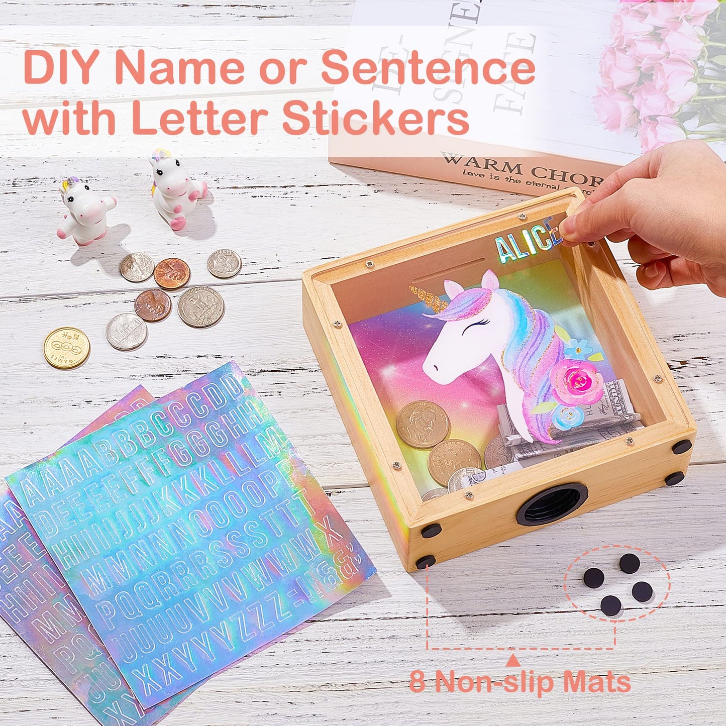 ICOSY Wooden Piggy Bank for Kids – DIY Name Bank with Unicorn & Dinosaur, Letter Stickers