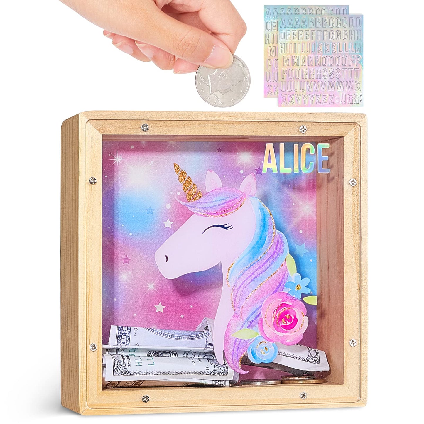 ICOSY Wooden Piggy Bank for Kids – DIY Name Coin Bank with Unicorn & Dinosaur