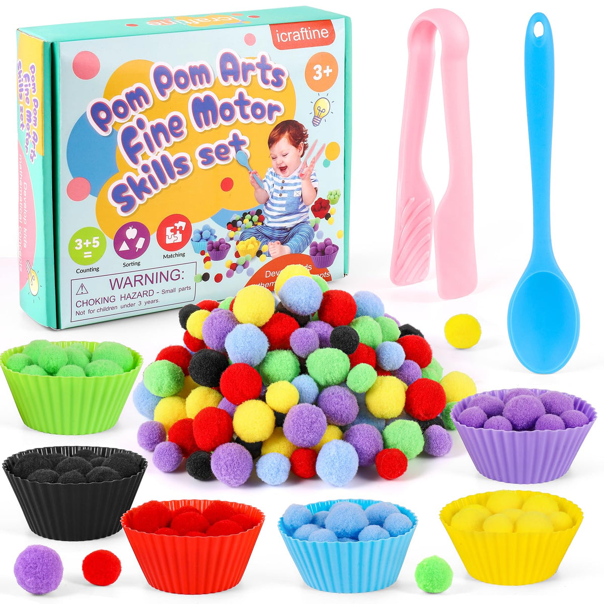 iCraftine 158 PCS Fine Motor Skills Set — Pom Poms, Sorting Bowls & Tweezers