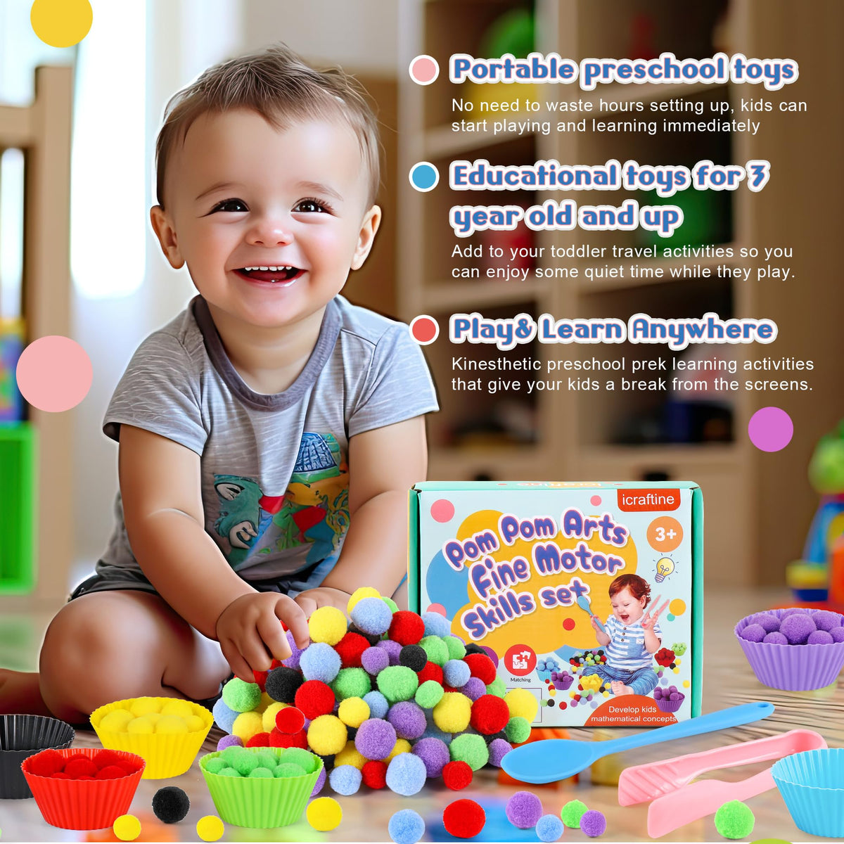 iCraftine 158 PCS Fine Motor Skills Set — Pom Poms, Sorting Bowls & Tweezers