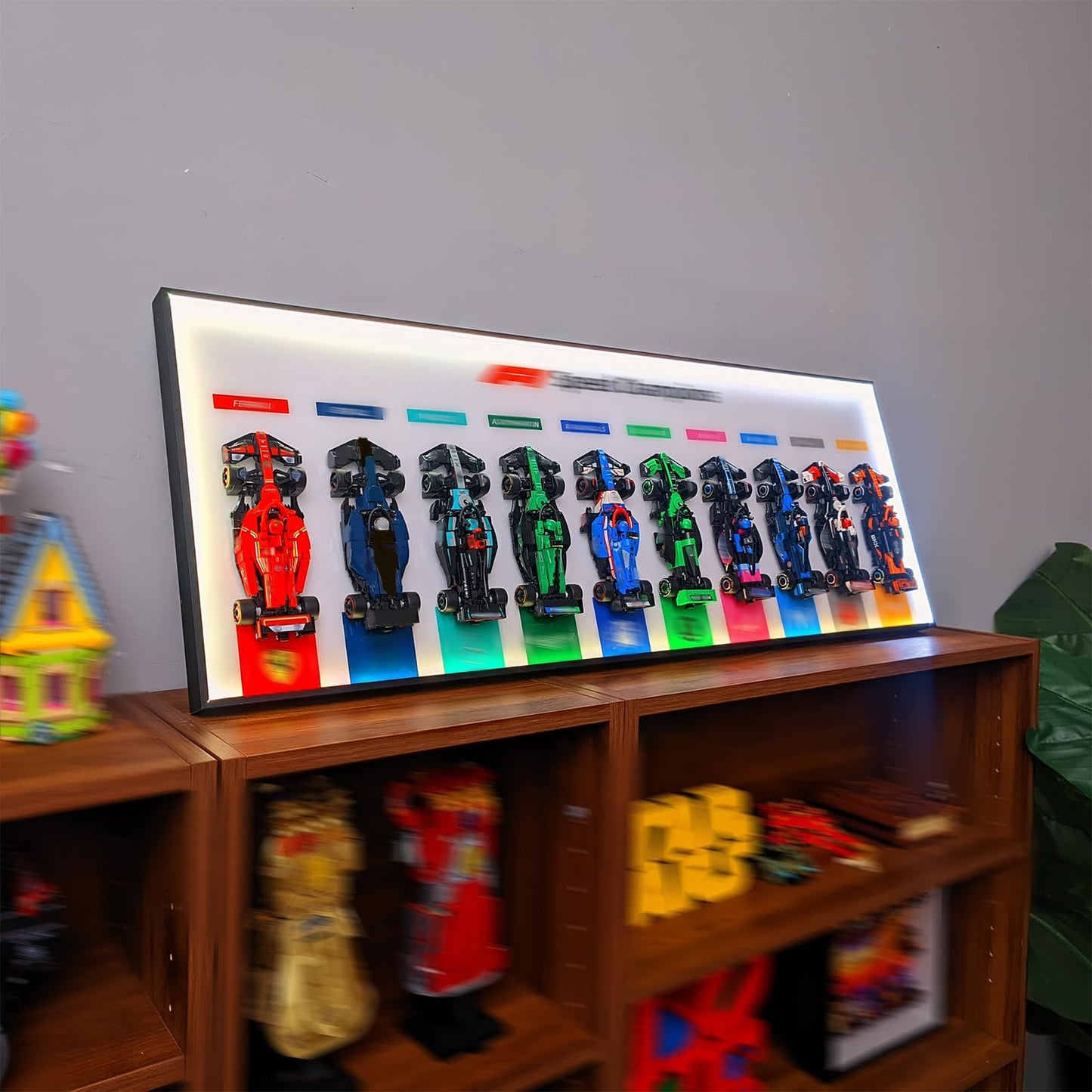 iCUANUTY Display Wallboard for Lego F1 66802 Pack – RGB LED Lights, 22 Modes, Wall Mount