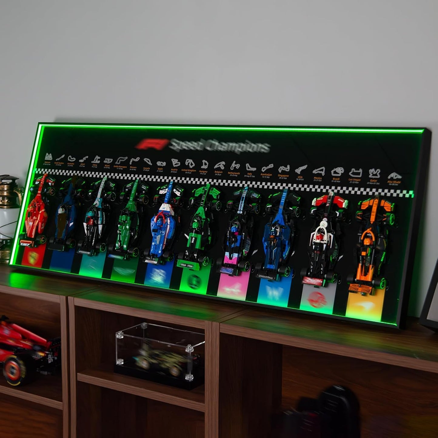 iCUANUTY Display Wallboard with RGB LED Lights for Lego Speed Champions F1 10-in-1