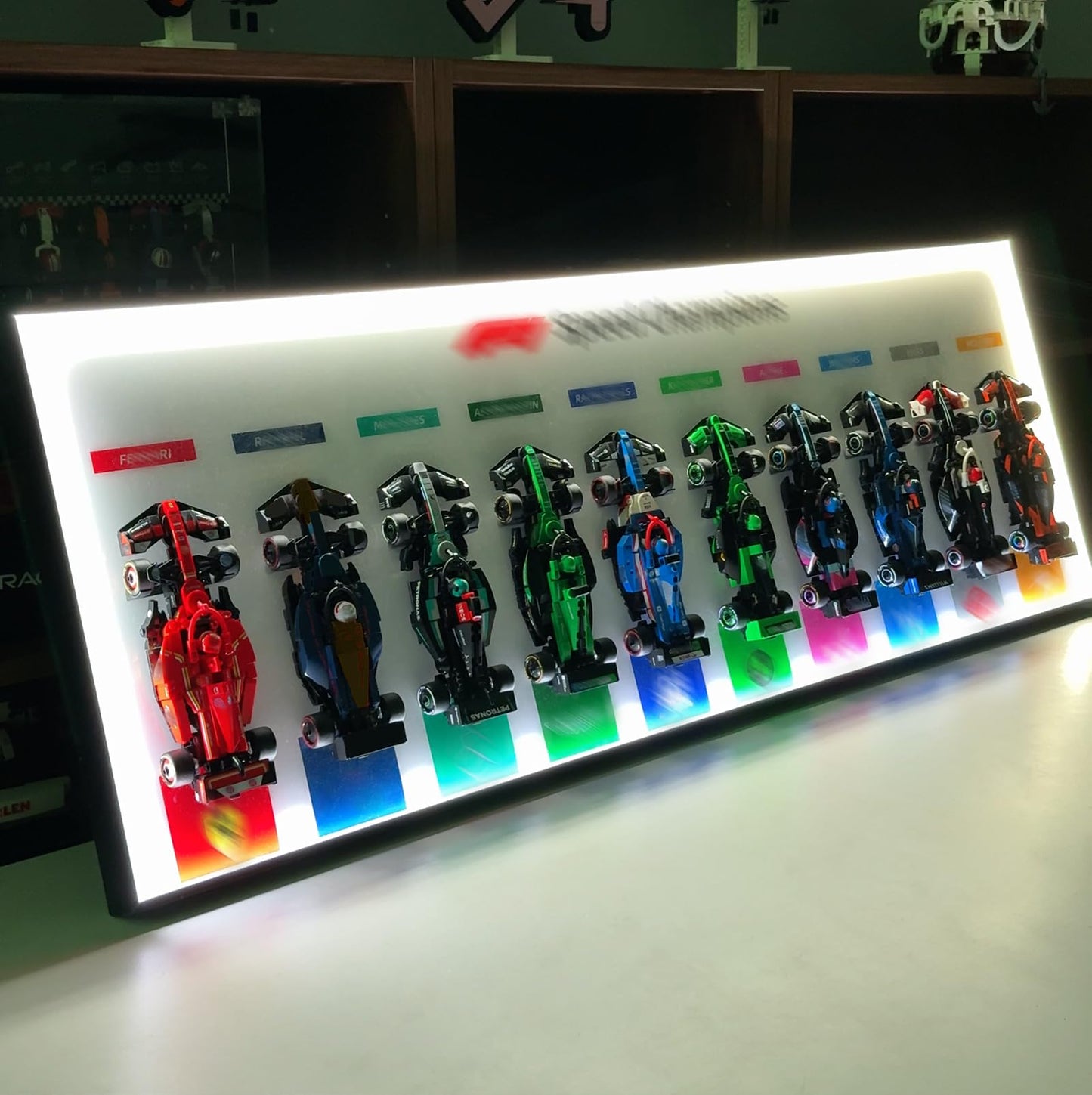 iCUANUTY Display Wallboard for Lego F1 66802 Pack – RGB LED Lights, 22 Modes, Wall Mount