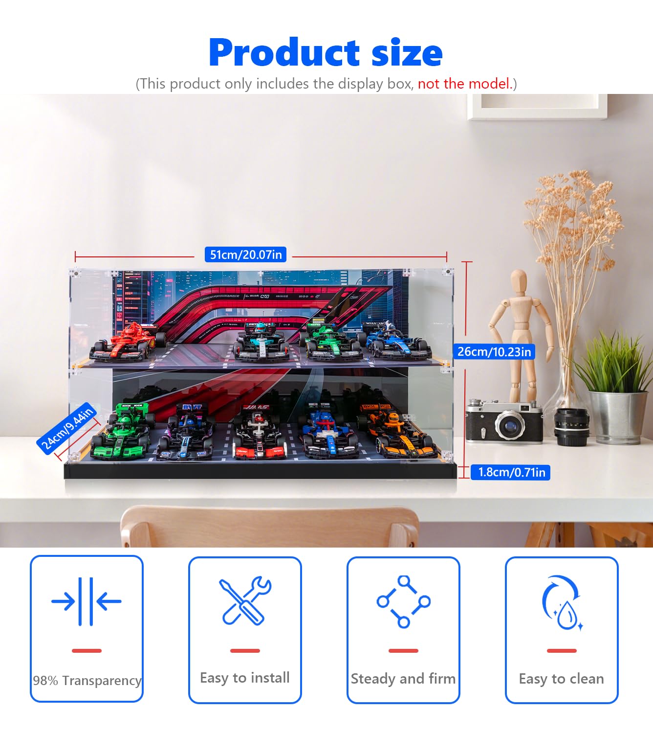 iCUANUTY Acrylic Display Case for LEGO Speed Champions F1 10-in-1 Collector's Pack – Dust-Proof, 20.07 x 9.44 x 10.23 in