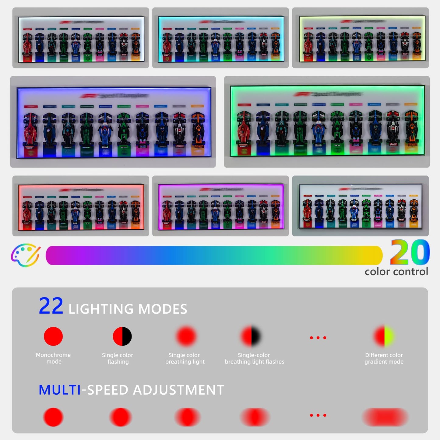 iCUANUTY Display Wallboard for Lego F1 66802 Pack – RGB LED Lights, 22 Modes, Wall Mount