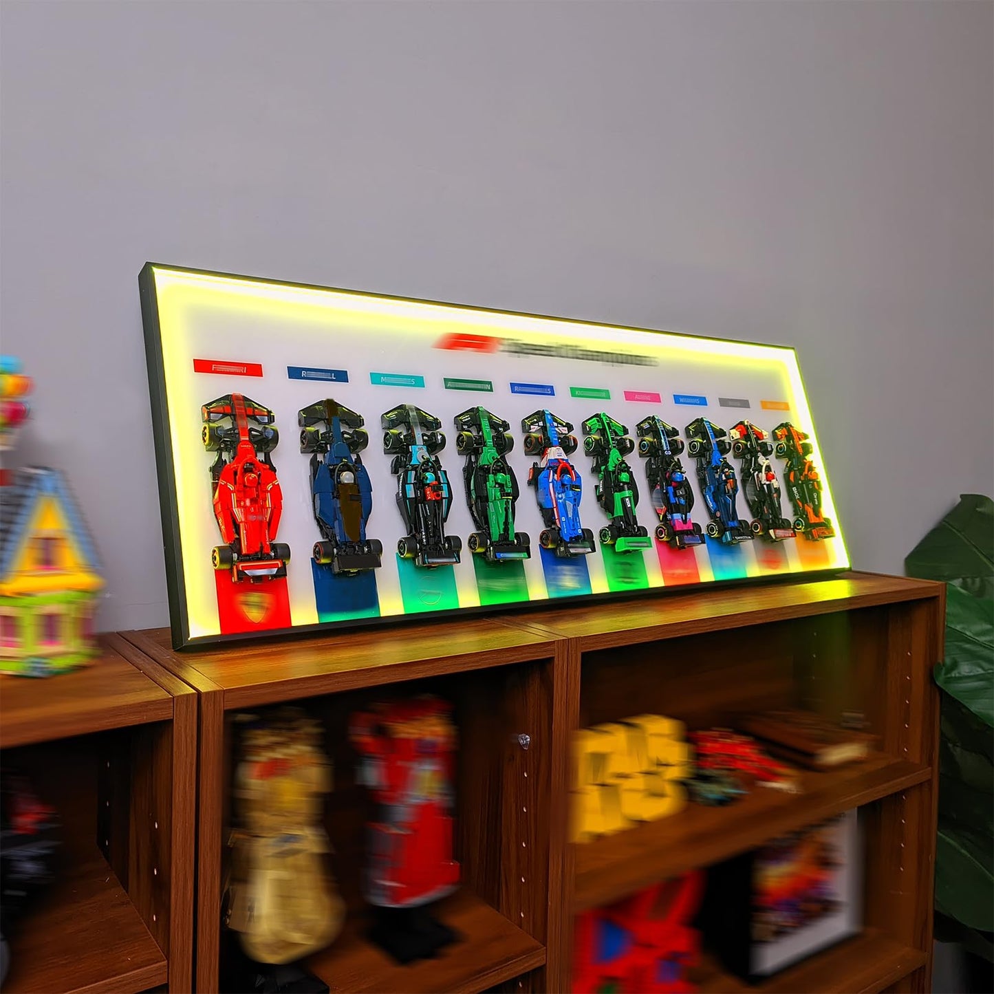 iCUANUTY Display Wallboard for Lego F1 66802 Pack – RGB LED Lights, 22 Modes, Wall Mount