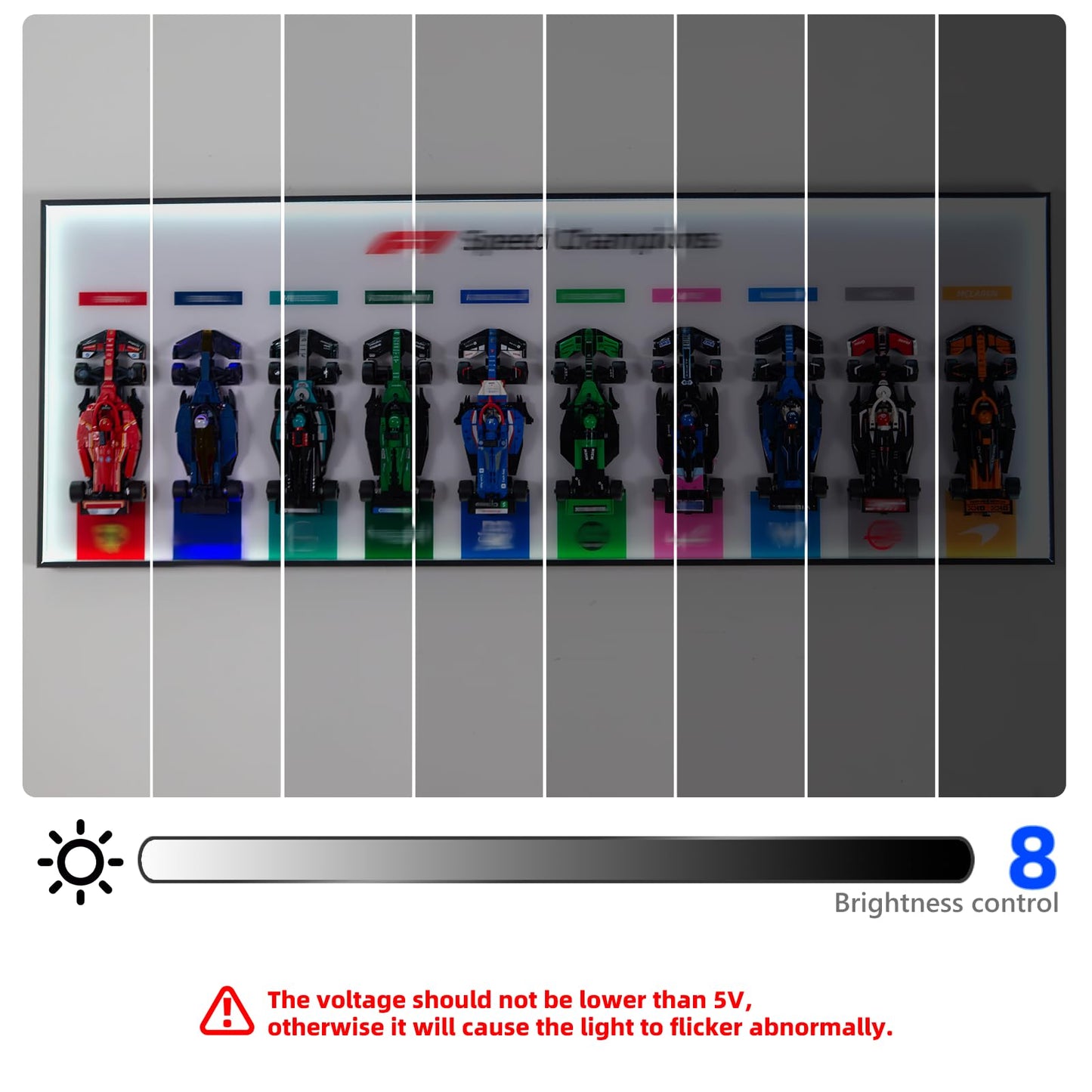 iCUANUTY Display Wallboard for Lego F1 66802 Pack – RGB LED Lights, 22 Modes, Wall Mount