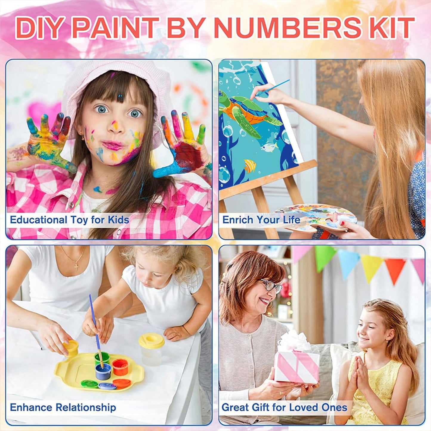ICYANART Sea Turtles Paint by Numbers Kit for Kids – Frame & Easel