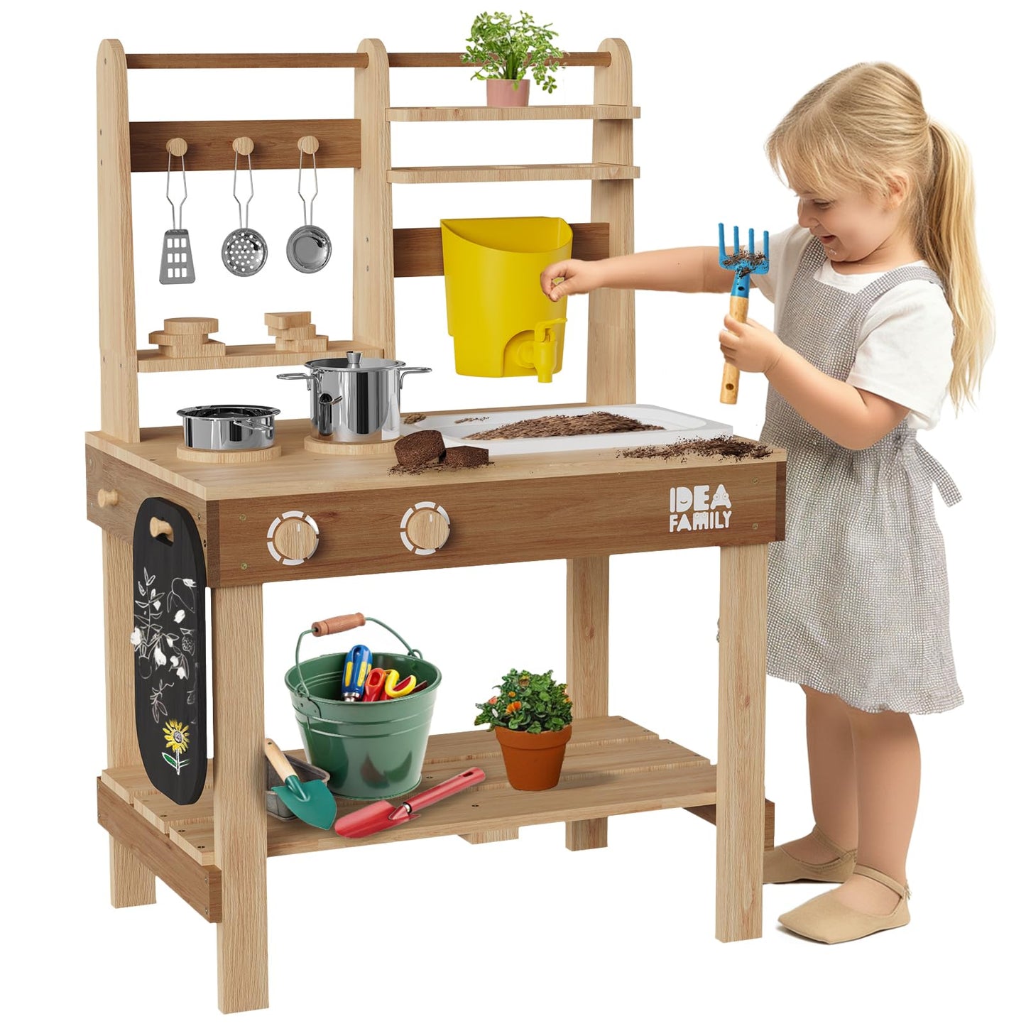 IDEA FAMILY 6 in 1 Mud Kitchen for Kids – Outdoor Wooden Play Kitchen with Sink, Stove, Chalkboard