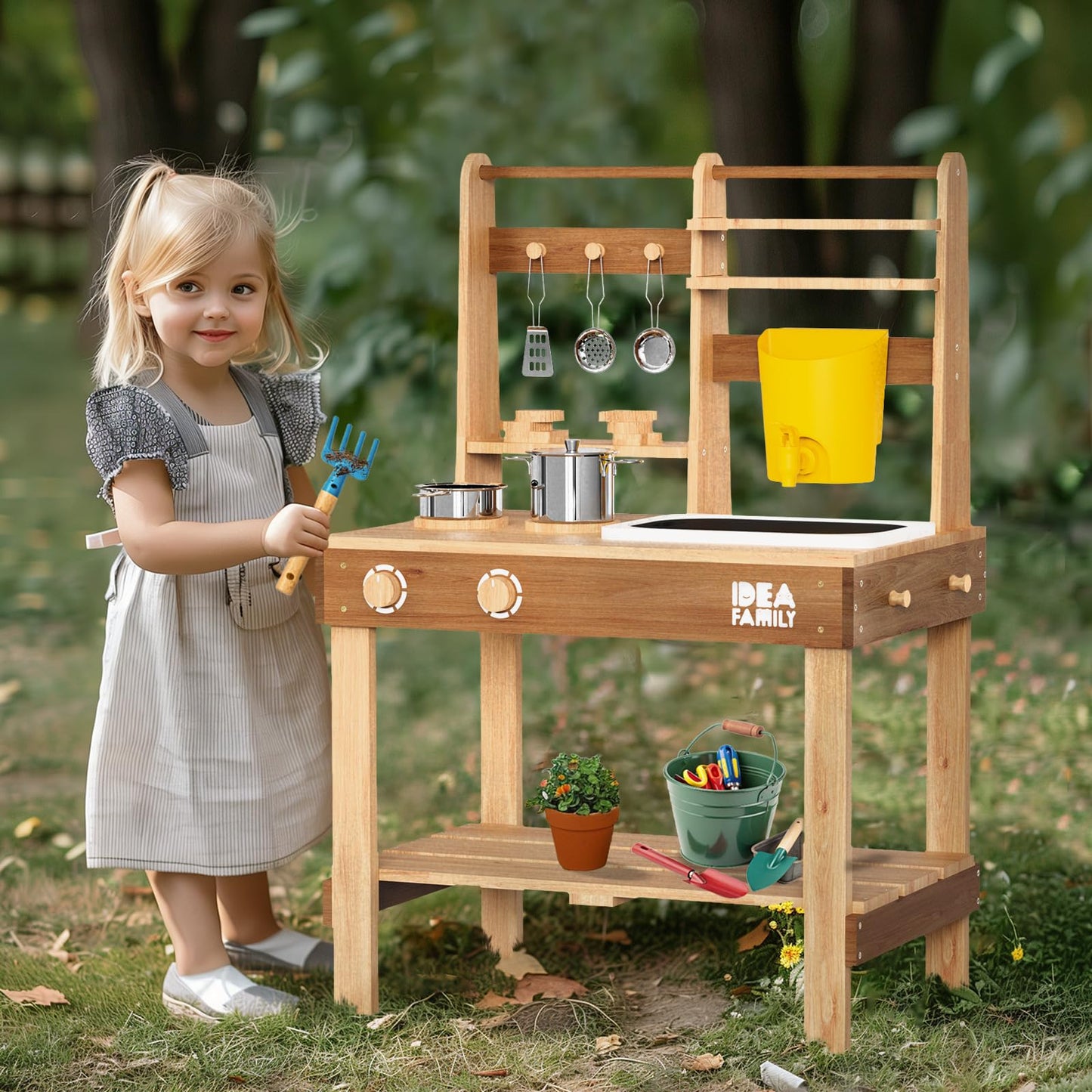 IDEA FAMILY 6 in 1 Mud Kitchen for Kids – Outdoor Wooden Play Kitchen with Sink, Stove, Chalkboard