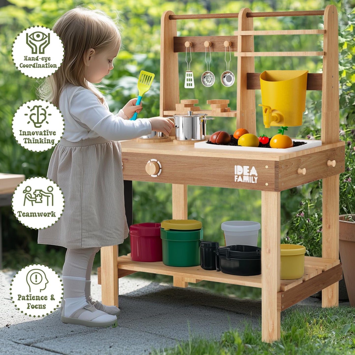IDEA FAMILY 6 in 1 Mud Kitchen for Kids – Outdoor Wooden Play Kitchen with Sink, Stove, Chalkboard