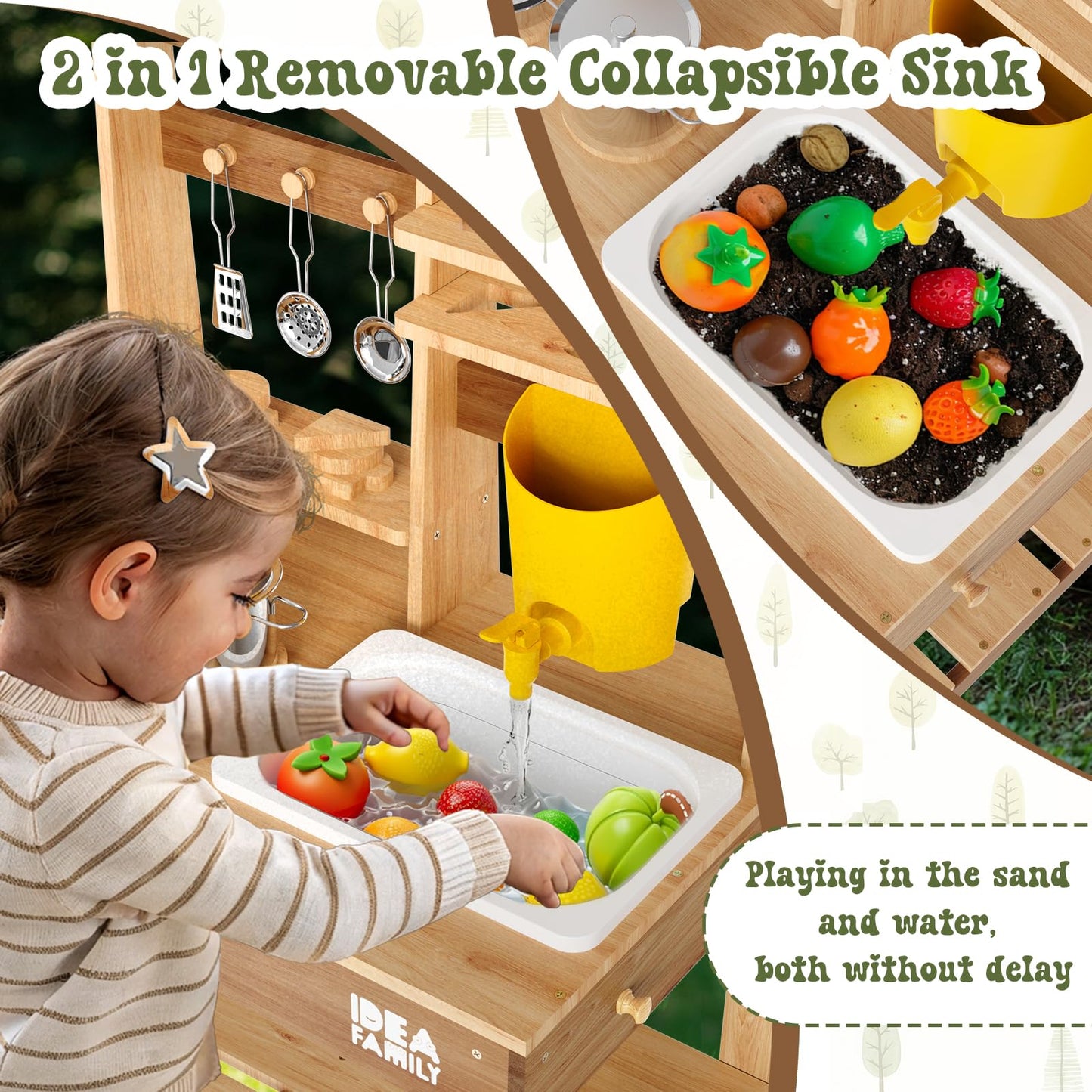 IDEA FAMILY 6 in 1 Mud Kitchen for Kids – Outdoor Wooden Play Kitchen with Sink, Stove, Chalkboard