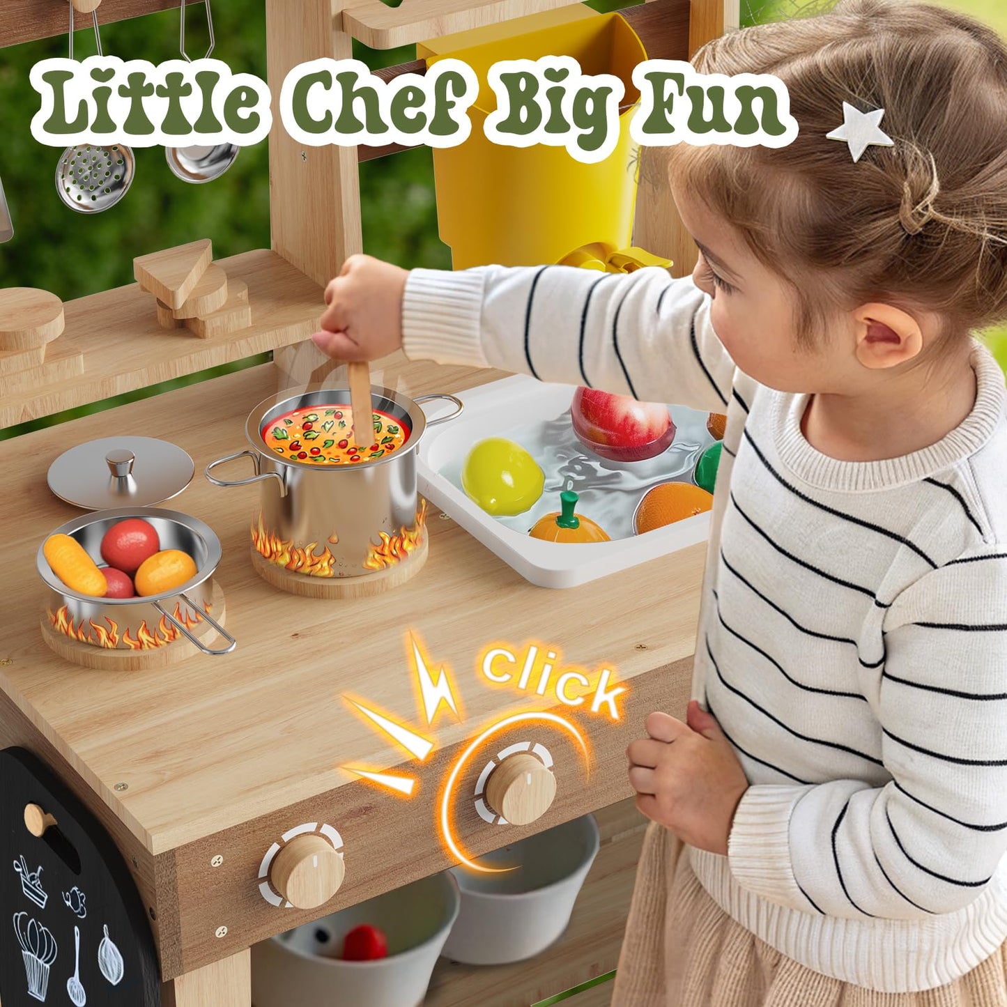 IDEA FAMILY 6 in 1 Mud Kitchen for Kids – Outdoor Wooden Play Kitchen with Sink, Stove, Chalkboard
