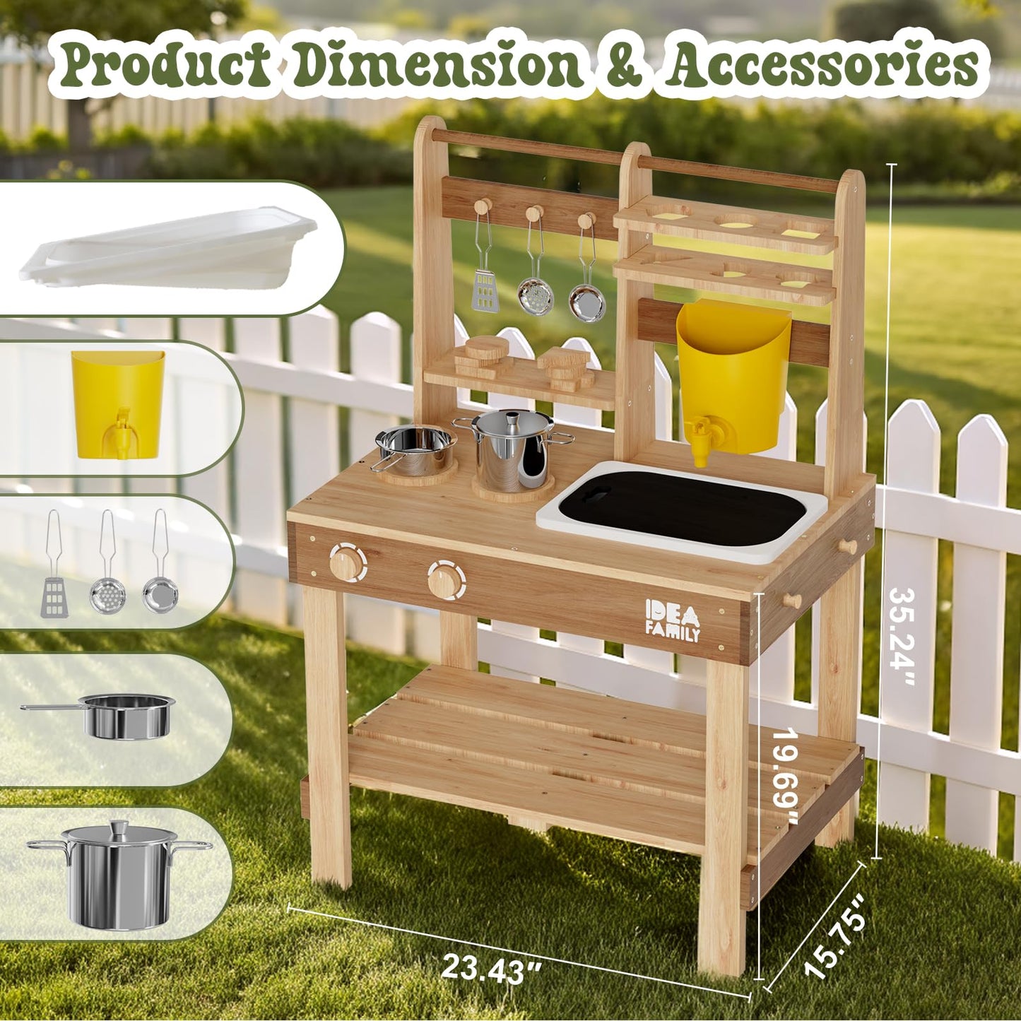 IDEA FAMILY 6 in 1 Mud Kitchen for Kids – Outdoor Wooden Play Kitchen with Sink, Stove, Chalkboard