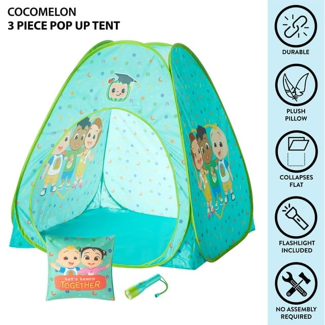 Idea Nuova Cocomelon 3-Piece Slumber Set: Pop-Up Tent, Pillow & Flashlight