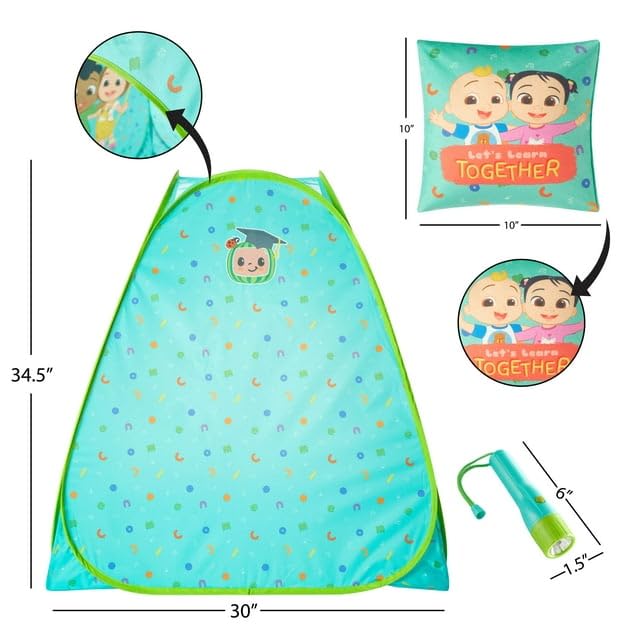 Idea Nuova Cocomelon 3-Piece Slumber Set: Pop-Up Tent, Pillow & Flashlight