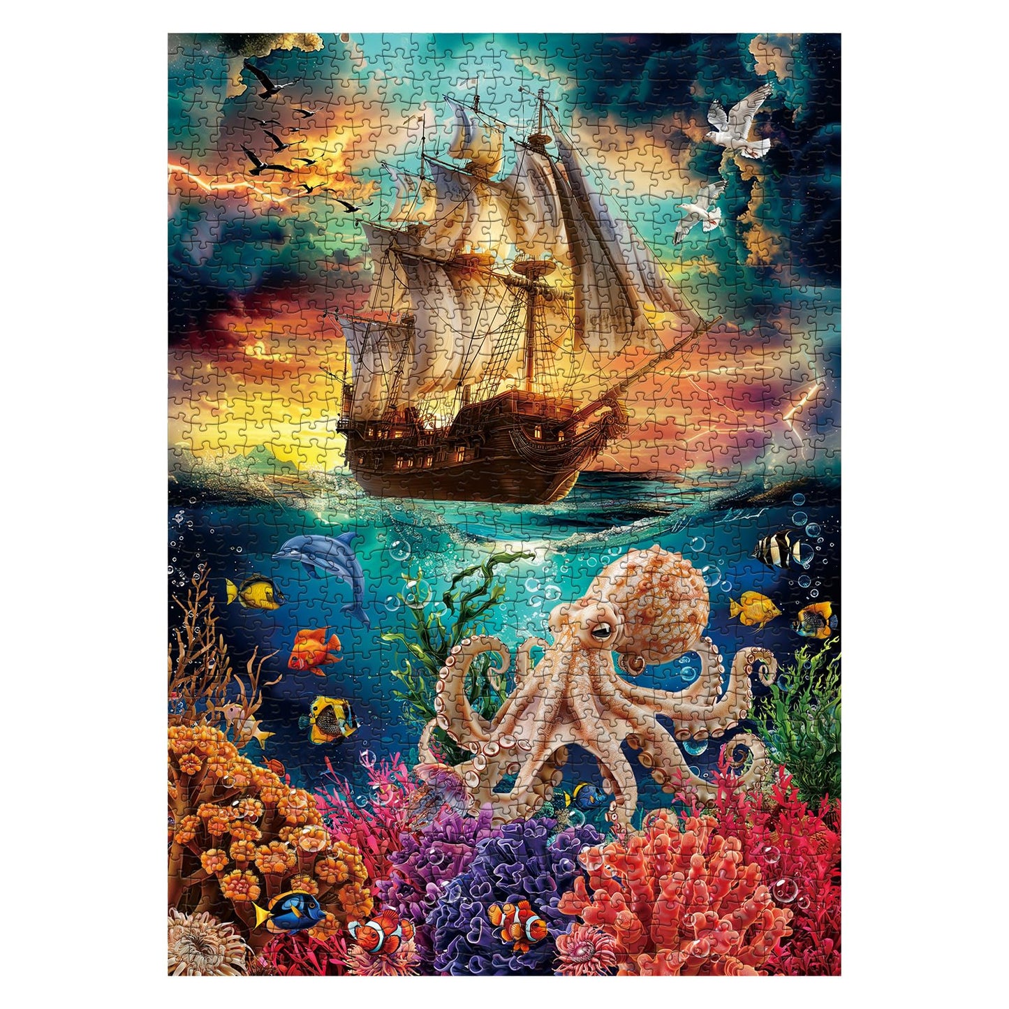 IdeaBazar Ocean Sailboat Octopus Puzzle – 1000 Piece Colorful Beach Jigsaw