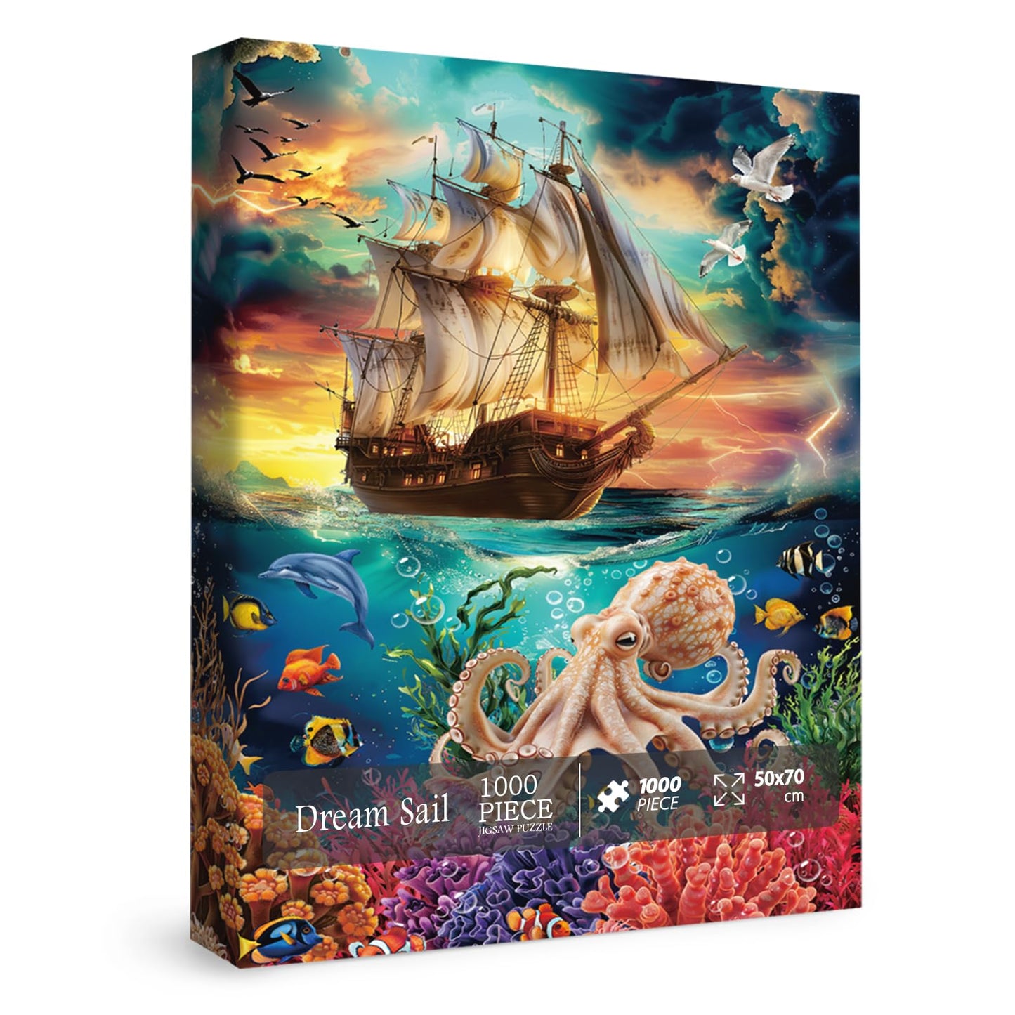 IdeaBazar Ocean Sailboat Octopus Puzzle – 1000 Piece Colorful Beach Jigsaw