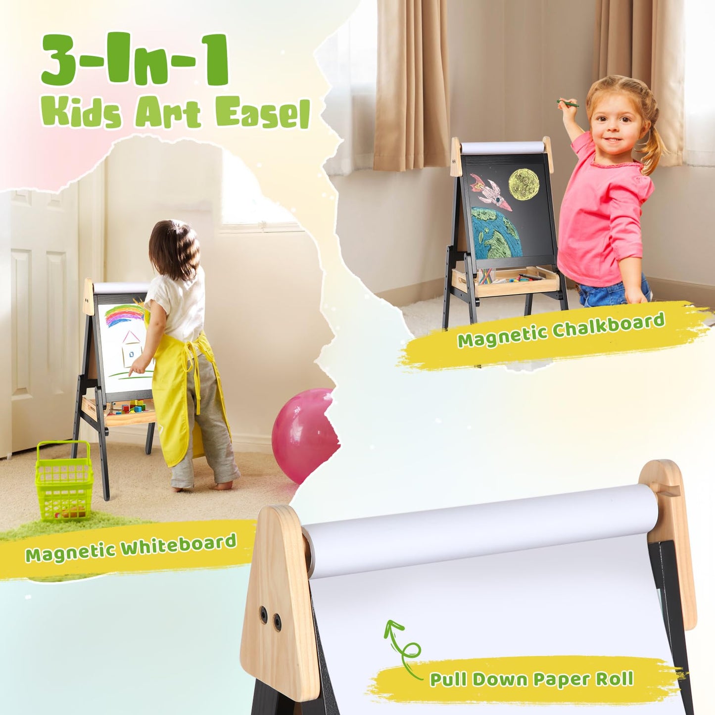 IDEA FAMILY 3-in-1 Easel for Kids – Double-Sided Magnetic Chalkboard & Whiteboard, Adjustable Height