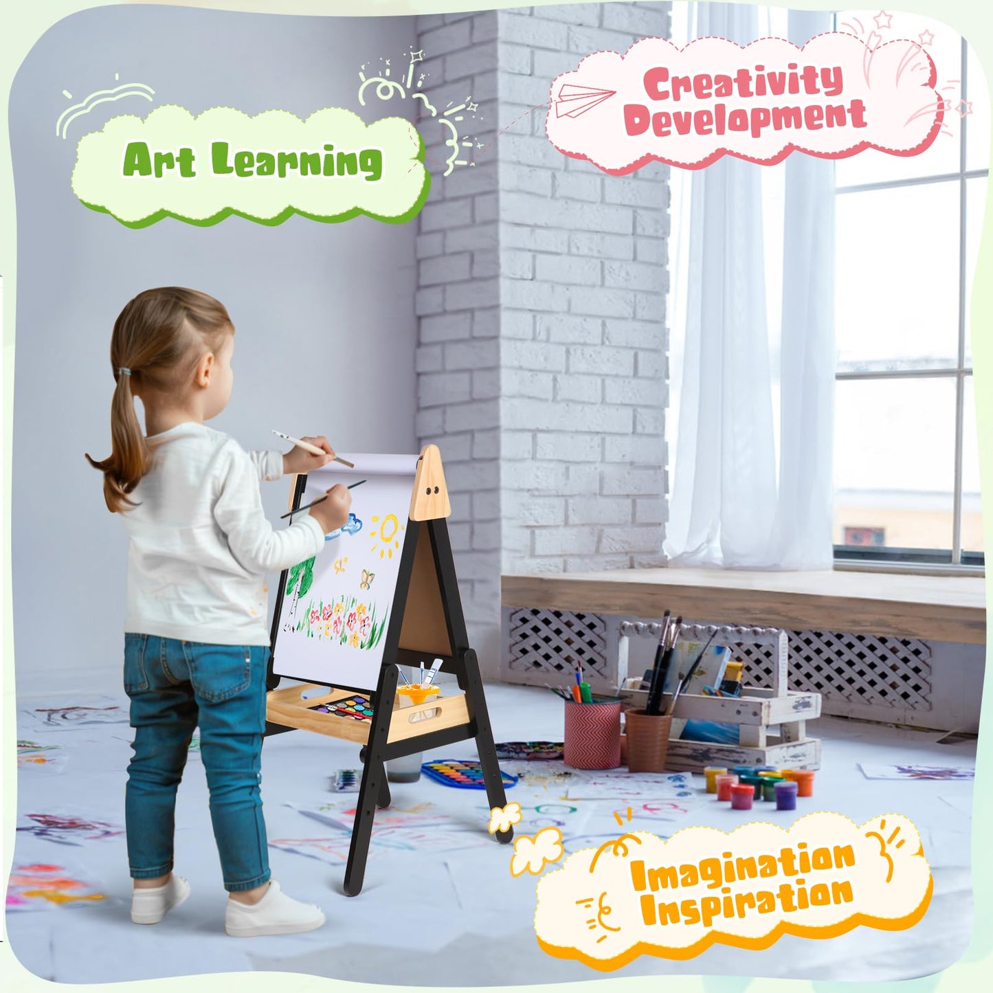 IDEA FAMILY 3-in-1 Easel for Kids – Double-Sided Magnetic Chalkboard & Whiteboard, Adjustable Height