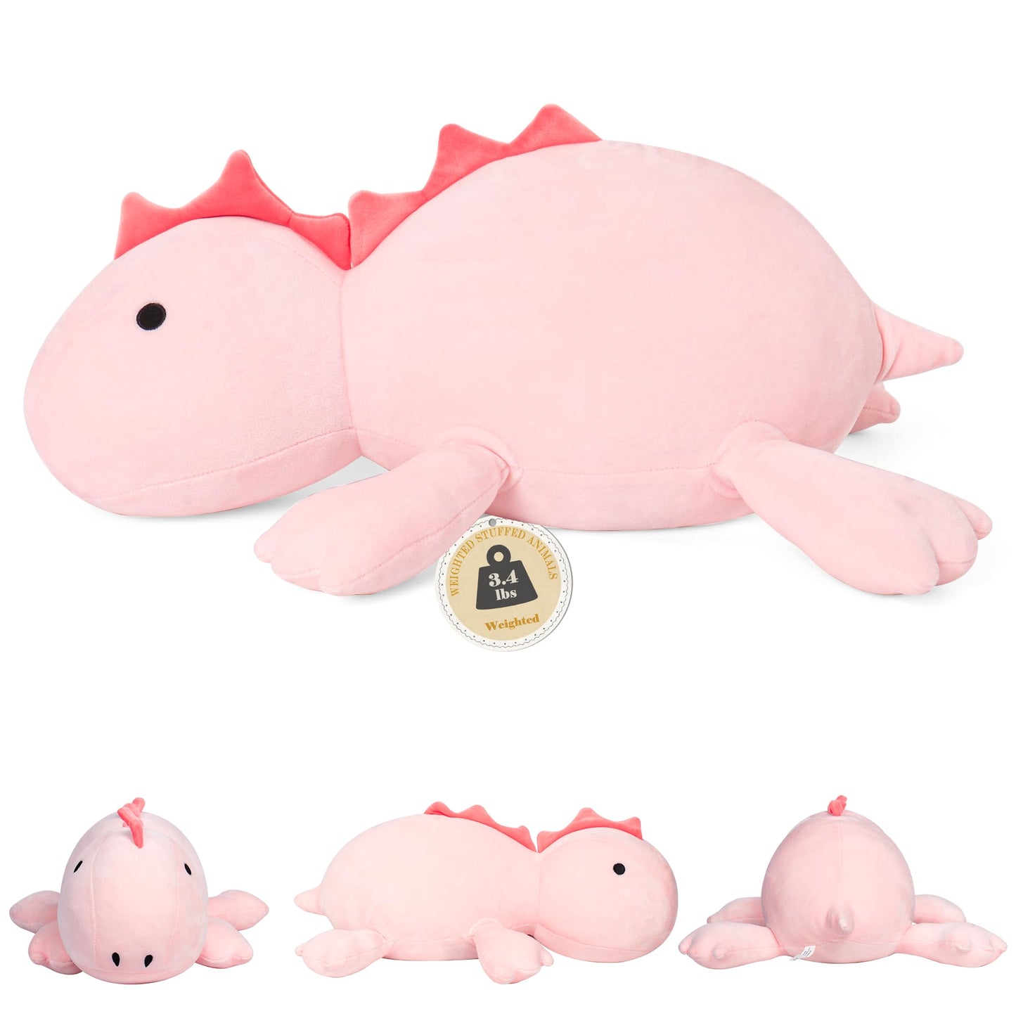 IdeaMeme 22in Weighted Dino Plush - 3.5 lbs Pink Pillow for Kids and Adults