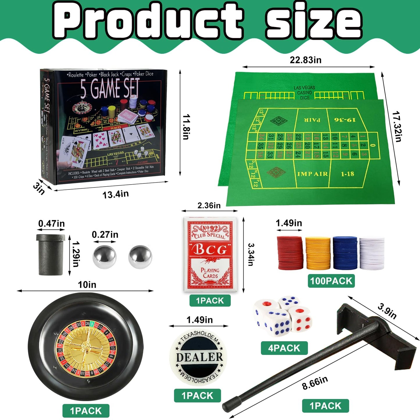 IIDEA 5 in 1 Professional Roulette Wheel Set – 10-Inch Home Casino Kit with 100 Chips, 3 Mats, Ball & Rake