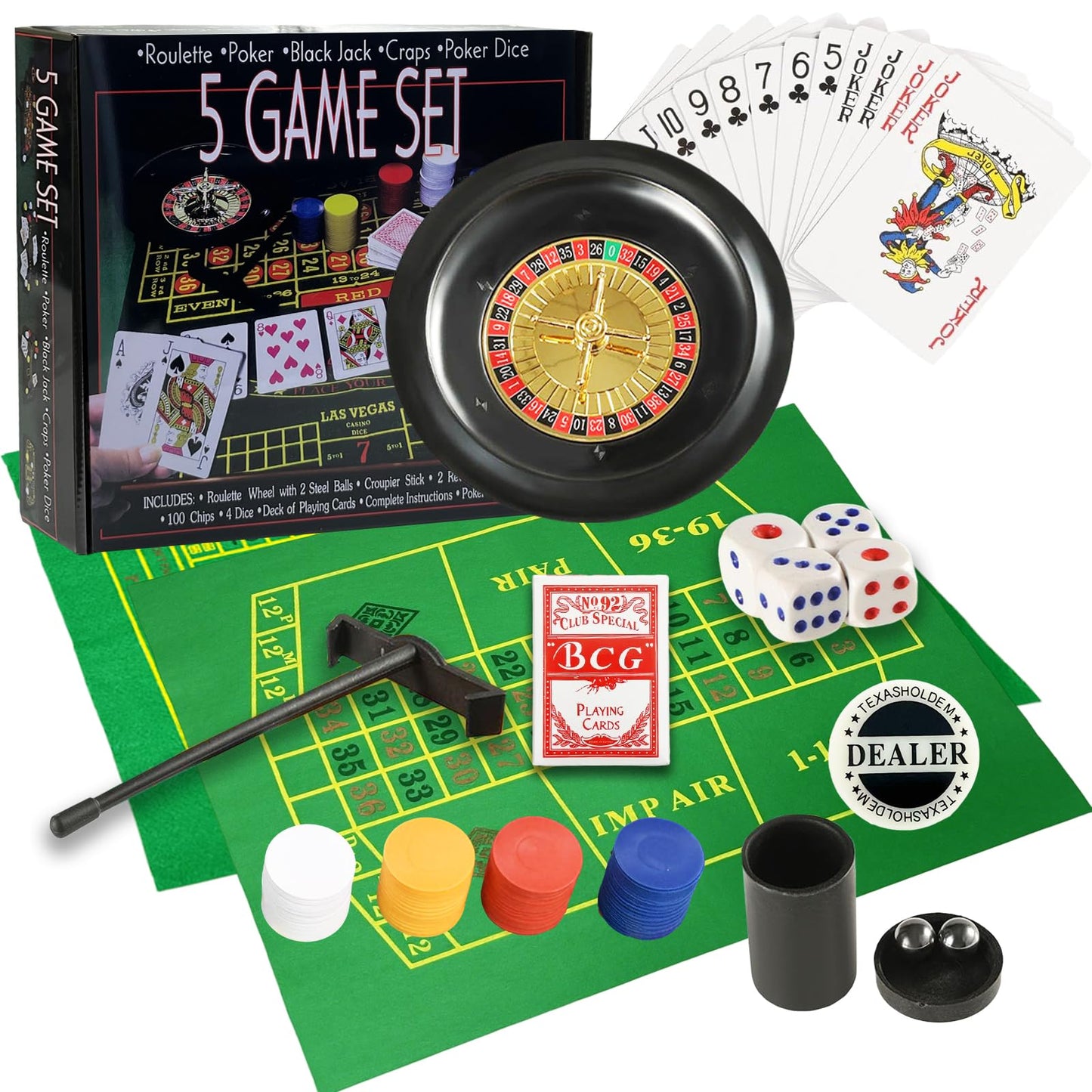 IIDEA 5 in 1 Professional Roulette Wheel Set – 10-Inch Home Casino Kit with 100 Chips, 3 Mats, Ball & Rake