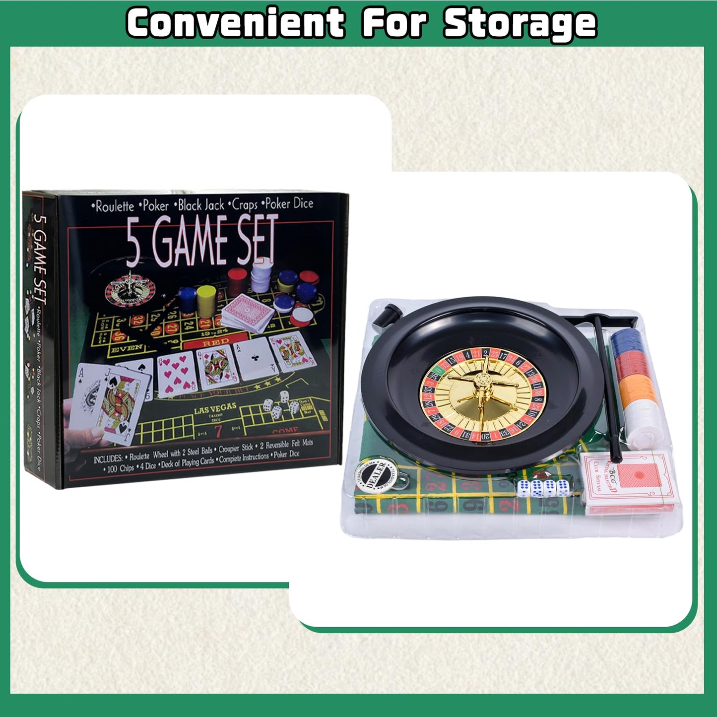 IIDEA 5 in 1 Professional Roulette Wheel Set – 10-Inch Home Casino Kit with 100 Chips, 3 Mats, Ball & Rake