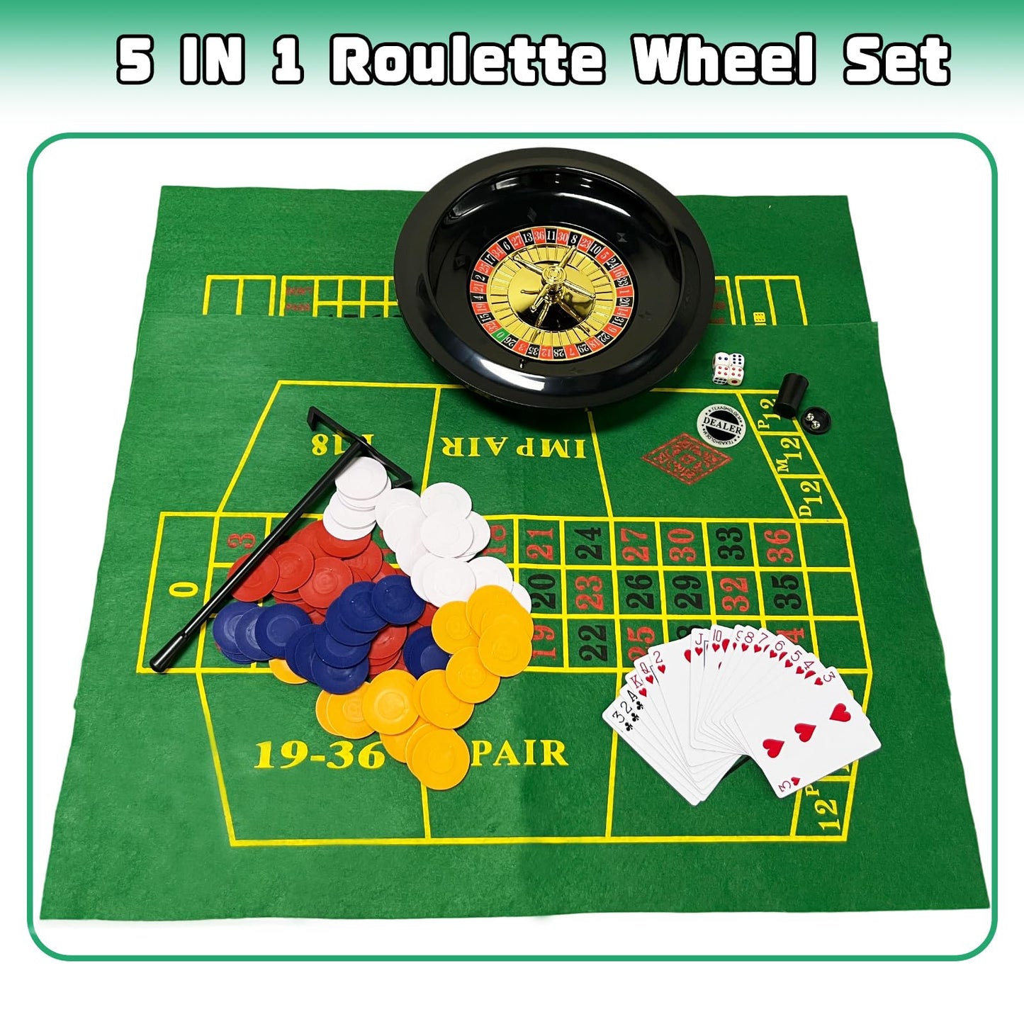 IIDEA 5 in 1 Professional Roulette Wheel Set – 10-Inch Home Casino Kit with 100 Chips, 3 Mats, Ball & Rake