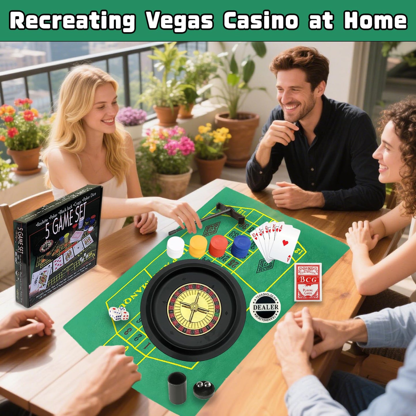 IIDEA 5 in 1 Professional Roulette Wheel Set – 10-Inch Home Casino Kit with 100 Chips, 3 Mats, Ball & Rake