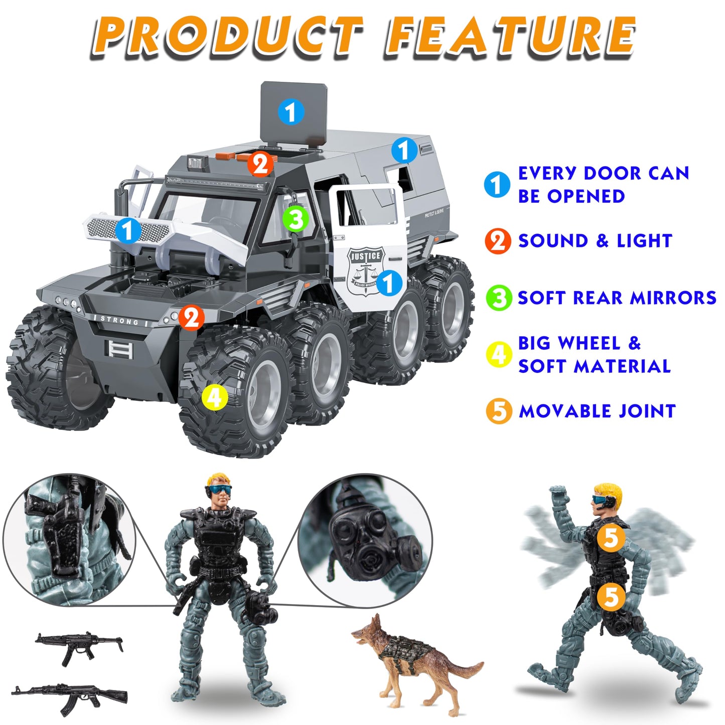 i diy Police Car Toy - 8x8 Friction-Powered with Lights and Openable Doors