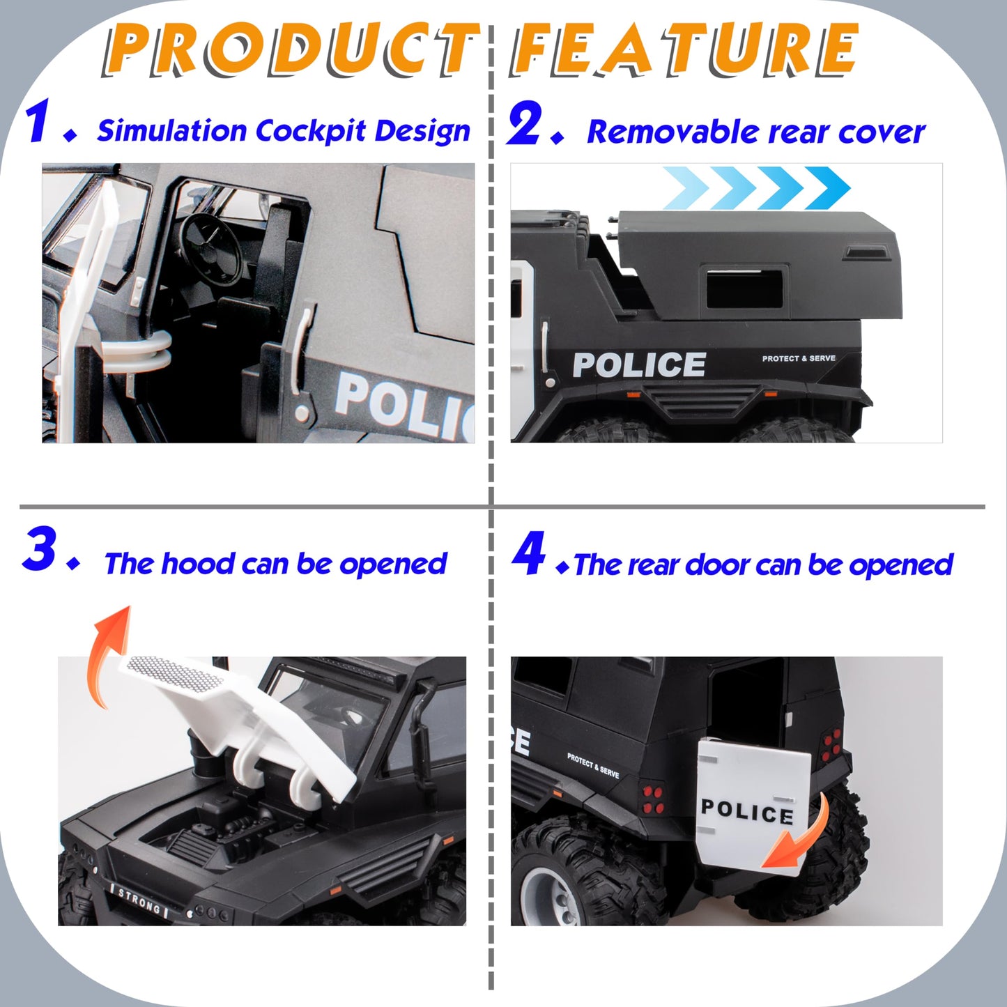 i diy Police Car Toy - 8x8 Friction-Powered with Lights and Openable Doors