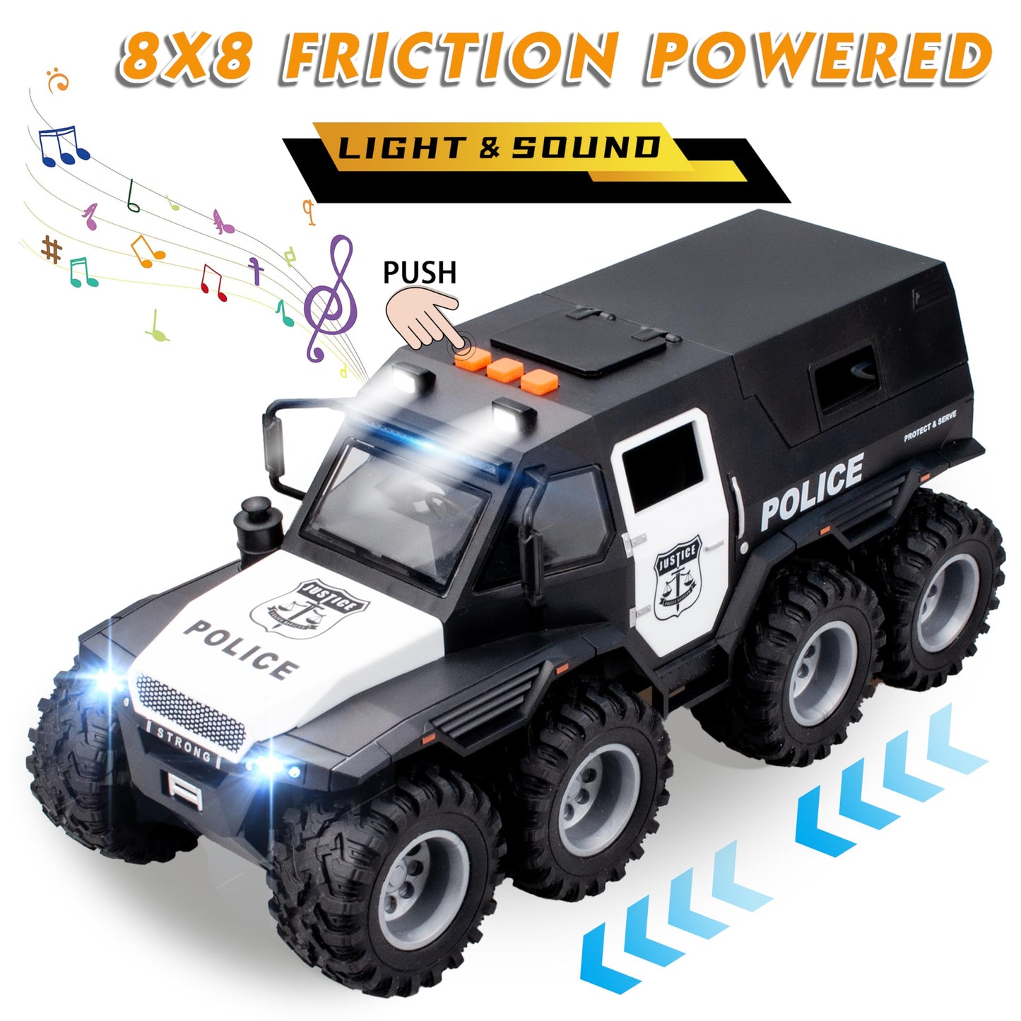 i diy Police Car Toy - 8x8 Friction-Powered with Lights and Openable Doors
